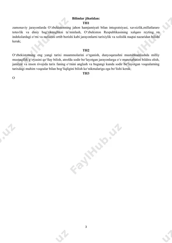 ‘ziga xos istiqlol va taraqqiyot yо‘li. о‘zbekistonda demokratik, fuqarolik jamiyati asoslarining shakllantirilishi, amalga oshirilgan siyosiy islohotlar iqtisodiy islohotlar, xususiy mulkchilikning shakllanishi. o‘zbekistonda bozor munosabatlarining rivojlanishi m3 o‘zbekiston respublikasidagi ijtimoiy oʻzgarishlar. mustaqillik yillarida o‘zbekistonning ma’naviy va madaniy taraqqiyoti. mustaqillik yillarida o‘zbekistonda irrigatsiya sohasida amalga oshirilayotgan islohotlar m4 o‘zbekiston respublikasida ta’lim sohasida amalga oshirilgan islohotlar. mustaqillik yillarida qoraqalpog‘iston respublikasi. o‘zbekiston va jahon hamjamiyati m5 o‘zbekiston respublikasini rivojlantirishda harakatlar strategiyasining tutgan o‘rni. yangi o‘zbekistonning 2022-2026 yillarga mo‘ljallangan taraqqiyot strategiyasi. o‘zbekiston respublikasining xalqaro reyting va indekslardagi oʻrni va nufuzini ortib borishi m6 yangilangan konstitutsiyaning davlat va jamiyat hayotida tutgan o`rni va ahamiyati. o`zbеkistonda inson va fuqarolarning asosiy huquqlari, erkinliklari va burchlari. o`zbekistonda jamiyat va shaxsning o`zaro munosabati. o`zbеkistonning respublikasining ma'muriy-hududiy tuzilishi. o`zbеkiston rеspublikasida davlat hokimiyatining tashkil etilishi. mashg‘ulotlar shakli: amaliy mashg‘ulot (a) a1 mustaqillikka erishish arafasida o‘zbekistondagi ijtimoiy-siyosiy jarayonlar. mustaqil o‘zbekiston respublikasining tashkil topishi va uning tarixiy ahamiyati. o‘zbekistonning o‘ziga xos istiqlol va taraqqiyot …