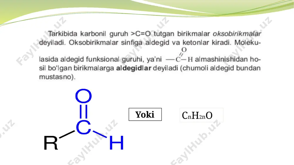 eaksiyasi karbonil gruppasidagi uziladigan pbog‘lanishi bilan bog‘liq. uning uzilgan joyiga atomlar va atomlar gruppasi birikadi, masalan, metanol bilan vodorod aralashmasi qizdirilgan katalizator ustidan o‘tkazilganda, u metanolgacha qaytariladi: 6 aldegidlar uchun sifat reaksiya 7 olinishi aldegidlar kimyo sanoati, farmatsevtika, oziq-ovqat va kosmetika kabi ko‘plab sohalarda muhim ahamiyatga ega. quyida ularning asosiy qo‘llanilish sohalari haqida qisqacha ma’lumot beraman: 1. organik sintez: aldegidlar boshqa organik birikmalar sintezi uchun boshlang‘ich moddalar sifatida ishlatiladi. masalan, formaldegid, metanal birikmasi, plastmassa, qatronlar, yopishtiruvchi moddalar va bo‘yoqlar ishlab chiqarishda keng qo‘llaniladi. 2. farmatsevtika: aldegidlar ko‘plab dori-darmonlar sintezida ishlatiladi. ular antibakterial, antifungal va antiseptik xususiyatlarga ega birikmalar yaratishda asosiy xomashyo bo‘lib xizmat qiladi. 3. oziq-ovqat sanoati: benzaldegid kabi aldegidlar oziq-ovqat sanoatida lazzat va hid beruvchi modda sifatida ishlatiladi. u gilos va bodom iforini yaratishda ishlatiladi. 5. laboratoriya reagentlari: aldegidlar laboratoriyalarda turli xil kimyoviy reaksiya va tadqiqotlarda reagent sifatida ishlatiladi. formaldegid biologik namunalarni fiksatsiyalashda (saqlashda) qo‘llaniladi. aldegidlarning kimyo va kundalik …