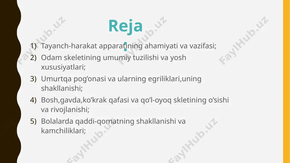 ta'minlaydi. jismoniy mashqlar va mehnat suyaklarning rivojlanishiga katta ta'sir ko'rsatadi. suyaklarning o’sishi va rivojlanishi suyaklar 4 xil shaklda bo’ladi: naysimon suyaklar. bular o’z navbatida ikki xil boladi. uzun naysimon suyaklar ularga yelka, bilak, son, boldir suyaklari kiradi. kaltanaysimon suyaklarga esa qo’l va oyoqlarning kaft va barmoq suyaklari kiradi. g’ovak suyaklar. bular ham ikki xil uzun govaksimon suyaklar bularga qovurga, tosh, umrov suyaklari, kalta g’ovak suyaklarga esa umurtqa, qo’l va oyoqlarning kaft, kaft usti suyaklari kiradi. yassi suyaklar. bu suyaklarga bosh suyagidagi tepa, ensa, yuz, kurak va chanoq suyaklari kiradi. g’albirsimon suyaklar. yuqori jag, peshona, bosh suyagining pastki asos qismidagi ponasimon va ga’lbirsimon suyaklar kiradi. suyak shakllari odam tanasidagi suyaklarning barchasi bir-biri bilan ikki xil:harakatsiz va harakatli birikadi. suyaklarning harakatsiz birikishiga bosh, umurtqa, chanoq suyaklarining bir-biri bilan tutashuvi misol bo'ladi. ular boylamlar, tog'aylar, suyak choklari yordamida bir-biriga birikadi. bosh suyagi peshona, tepa, chakka, ensa kabi alohida suyaklardan iborat bo'lib, bola o'sgan …