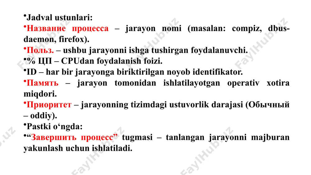 i ulanayotganda ishlatiladi. core dump jarayon avariyali to‘xtaganda, uning holatini aks ettiruvchi fayl (core) yaratiladi. jarayon holatlari (process states) – ps buyrug‘i orqali ko‘rinadi: holat belgisi holat nomi izohi r running jarayon ishlayapti yoki tayyor turibdi s sleeping (idle) kutilayotgan voqeani kutmoqda d uninterruptible sleep disk operatsiyasi kutilmoqda z zombie tugagan, ammo hali tozalanmagan t stopped to‘xtatilgan (ctrl+z yoki sigstop) x dead yaroqsiz jarayon (kam holatlarda ko‘riladi) tizim monitoringi bilan bog‘liq boshqa foydali terminlar: termin izoh load average tizimning so‘nggi 1, 5, 15 daqiqadagi yuklanishi. uptime buyrug‘i orqali ko‘rinadi. swap usage ram to‘lib ketganda diskdagi vaqtincha xotira maydoni ishlatilishi. i/o wait cpu diskdan ma'lumot kutayotgani uchun bekor turayotgan vaqti. latency javob vaqti (kechikish) – foydalanuvchi va tizim o‘rtasidagi ishlov kechikishi. throughput tizim yoki tarmoq orqali ma'lumot uzatilish samaradorligi (o‘lchovi: mb/s yoki kb/s). bandwidth tarmoqning maksimal ma’lumot uzatish quvvati. uptime tizimning ishga tushganidan beri ishlayotgan vaqti (uptime). boot time tizimning ishga …