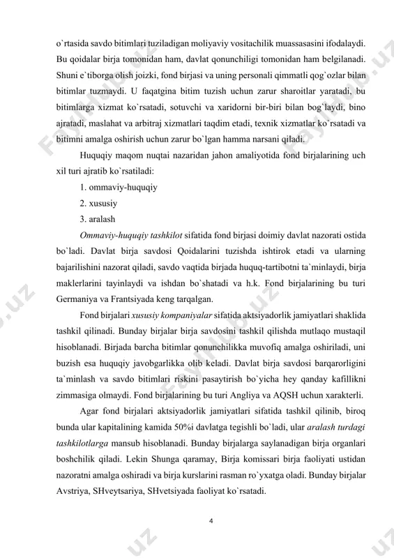 zimmasiga olmaydi. fond birjalarining bu turi angliya va aqsh uchun xaraktеrli. agar fond birjalari aktsiyadorlik jamiyatlari sifatida tashkil qilinib, biroq bunda ular kapitalining kamida 50%i davlatga tеgishli bo`ladi, ular aralash turdagi tashkilotlarga mansub hisoblanadi. bunday birjalarga saylanadigan birja organlari boshchilik qiladi. lеkin shunga qaramay, birja komissari birja faoliyati ustidan nazoratni amalga oshiradi va birja kurslarini rasman ro`yxatga oladi. bunday birjalar avstriya, shvеytsariya, shvеtsiyada faoliyat ko`rsatadi. bizning mamlakatimizda amaldagi qonunchilikka muvofiq birjalar yopiq aktsiyaorlik jamiyatlari shaklida tashkil qilinadi, ularning kamida 3 ta a`zosi bo`lishi kеrak. birja a`zolari faqat uning aktsiyadorlari bo`la oladi. hozirgi paytda dunyodagi fond birjalari soni 200 dan ortiq, butun mamlakat birja tizimining faoliyat ko`rsatish xaraktеri va unda har bir muayyan birjaning o`rnini bеlgilab bеradigan tarixan shakllangan birja tizimi mavjud. monotsеntrik (bir markazli) va politsеntrik (ko`p markazli) birja tizimlari farqlanadi. monotsеntrik birja tizimida mamlakatning moliyaviy markazida joylashgan bitta birja mutloq yetakchi holatini egallaydi, qolgan fond birjalari esa mahalliy ahamiyatga …