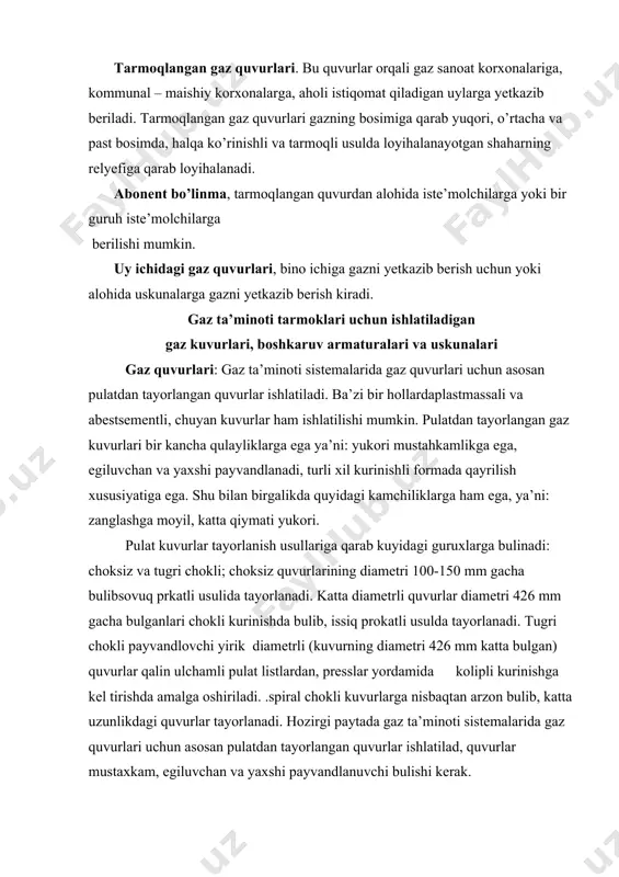 ng gaz taminotida ishlatilish shartlari quvurlar ruxsat etilgan gaz bosimi, mpa ishlatilish hududlarining chegarasi 1. polietilin li qishloq axoli punktlarida quvurlar tarmoqlanishi kambulgan joylarda va muxandislik tarmoqlari zich joylashmagan hududlarda 2. vniplastli (yelimlangan) 0,005 xuddi shunday 3. polietilenli 0,6 shahar, qishloq axoli punktlari hududlaridan tashqari joylarda 4. vniplastli 0,3 5. asbest sementli 0,3 xuddi shunday asbestsementli quvurlar ba’zi bir qulayliklarga ega ya’ni; zanglashga uta chidamli, issiklik ta’sirida chiziqli kengayish juda kam, issiqlik utkazuvchanlikka chidamli va h.k kursatgichlari uchun, tuproq namligini zanglashga ta’siri kuchli bulgan xududlarga ishlatilishi juda kulaydir. ammo asbessementli quvurdan foydalanish davrida bir qator kamchiliklarga: devorlapri orqali gaz utkazuvchanligi, mustaxkam emasligi sababli gaz ta’minoti sistemalarida keng miqyosda ishlatilishga ruxsat berilmaydi. nometalquvurlardan gaz ta’minolti polietilenli va vnipplastli quvurlardan foydalaniladi. polietilen – polimerlashgan etilenning yukori molekulyar maxsulidir. polietilen quvurlar maxsus presslarda uzluksiz bosim ostida siqiluvchi natijasida olinadi. ishlab chiqarilgan bunday quvurlar 0,25, 0,6 va 1mpa bosimgacha muljallangan bulib, ularning shartli diametrlari …