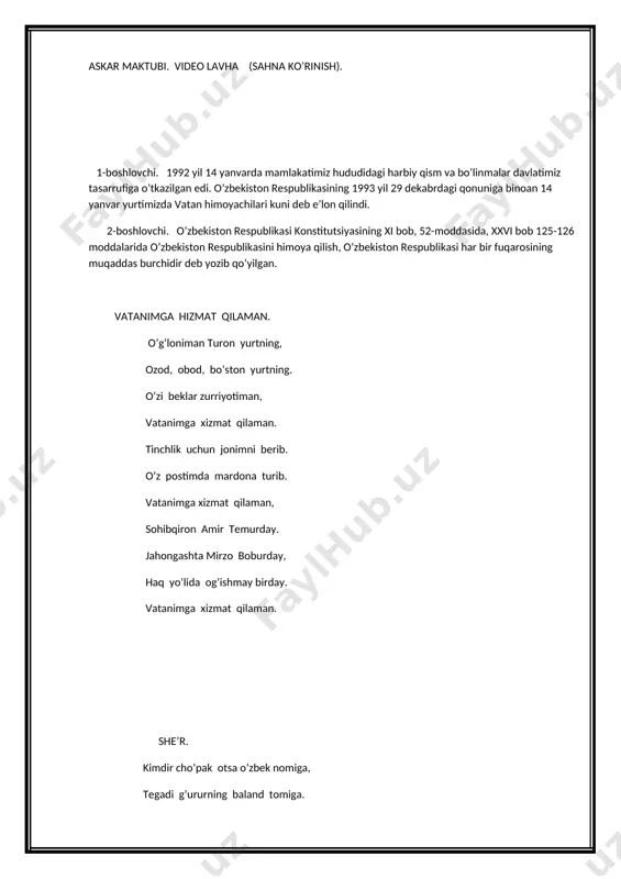 etgiradi. 2- boshlovchi: qurolli kuchlarimiz mamlakatimiz mustaqilligi, suvereniteti va hududiy yaxlitligining, kelajagi buyuk davlat barpo etayotgan o‘zbekiston fuqarolarining tinch-osoyishta hayoti, bunyodkorona mehnati xavfsizligining kafolatidir. 8-9-10 –sinf o’quvchilarini musobaqaga chorlaymiz. 1-shart. tosh ko’tarish. 2-shart. arqon tortish. sodiq posbonman. men borki, o’tolmas dushman tog’lardan, bir tikan uzolmas go’zal bog’lardan. vatanni asrayman qarg’a sog’lardan, men otam vatanchun qurgan qo’rgo’nman. muqaddas yurtimga sodiq posbonman. bunda quyosh kulib tonglar otadi. yulduzlar nur sochib kunlar botadi. yer ona allasin tinglab yotadi. men ona mehridan to’lgan osmonman, muqaddas yurtimga sodiq posbonman. ter to’kar dalada bobodehqonim, uy to’rida beg’am aziz mehmonim. bir kaft tuprog’iga fido shu jonim, men shoir tilidan uchgan dostonman. muqaddas yurtimga sodiq posbonman. video lavha namoyish etiladi. (vatan uchun) kapitan. 1-o’quvchi. karvonboshi suyangaydir, siz- mardlarga. siz bermaysiz elingizni,“chang-gard” larga. yov kelsa gar olishasiz kechib jondan. siz jasursiz hamda mag’rursiz kapitan! 2-o’quvchi. orzuingiz omon bo’lsa bo’ldi vatan, siz shu yurtning ahdi baland o’g’lonisiz. siz borsiz-ki, behavotir …