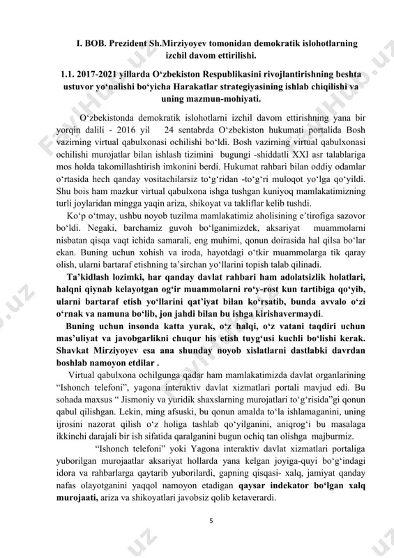 armonlar harakati-o‘zbekiston liberal demokratik partiyasining viii- s’ezdidagi “demokratik islohotlarni izchil davom ettirish, xalqimiz uchun tinch va osoyishta, munosib hayot darjasini yaratish-barqaror taraqqiyot kafolatidir” nomli ma’ruzasida: “ xalq davlat idoralariga emas, balki davlat organlari, xalqimizga xizmat qiladigan vaqt keldi ... bundan keyin joylardagi raxbarlar faolyatiga baho berish birinchi navbatda o‘z hududidagi aholi murojaatlari soniga qarab, ularning amaliy echimiga qarab va xalq ichida yurishiga qarab belgilanadi. qisqa qilib aytganda, ularga xalqning o‘zi baho beradi”[footnoteref:2] –deb ta’kidladilar. [2: shavkat mirziyoev . milliy taraqqiyot yo‘limizni qat’iyat bilan davom ettirib, yangi bosqichga ko‘taramiz. asarlar 1- jild, t., “o‘zbekiston “ 2017, 56-57- betlar.] shavkat mirziyoyev 2016 yil 1 noyabrdan 24 noyabrga qadar qoraqalpog‘iston respublikasi, viloyatlar va toshkent shahri saylovchilari vakillari bilan saylovoldi uchrashuvlarini o‘tkazdi. saylovoldi uchrashuvlarida so‘zlagan nutqlari “ buyuk kelajagimizni mard va olijanob xalqimiz bilan birga quramiz” kitoblariga kiritilgan. (toshkent, “o‘zbekiston” nashiryoti , 2017 yil, 488 bet ) saylovoldi uchrashuvlari andijon viloyatidan boshlandi. bo‘z tumanida …