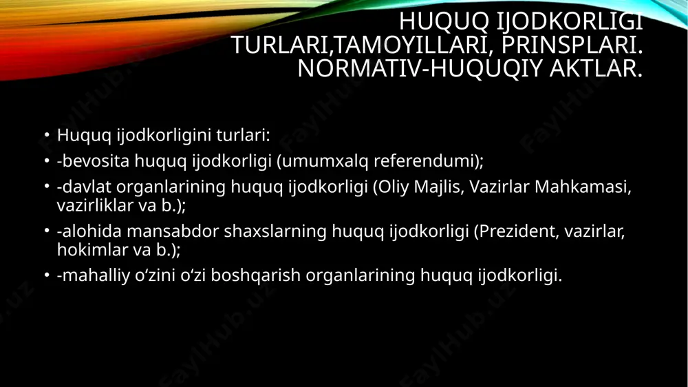 espublikasi vazirlar mahkamasining xulosasi. qonun ijodkorligi jarayonining asosiy bosqichlari. normativ-huquqiy hujjatlarning vaqt, hudud va shaxslarga nisbatan amal qilishi. ikkinchi bosqich – qonun loyihasini muhokama qilish. qonun loyihasini muhokama etish qonun yaratish jarayonining muhim bosqichidir. bu bosqich qonun chiqaruvchi organga qonun loyihasi taqdim etilib, u sessiya kun tartibiga kirgach boshlanadi. o‘zbekiston konstitutsiyasining 9-moddasiga muvofiq, jamiyat va davlat hayotining eng muhim masalalari xalq muhokamasiga taqdim etiladi. qonun ijodkorligi jarayonining asosiy bosqichlari. normativ-huquqiy hujjatlarning vaqt, hudud va shaxslarga nisbatan amal qilishi. uchinchi bosqich – qonunni qabul qilish. qonunchilik jarayonining yana bir muhim bosqichi – qonun loyihasini tasdiqlash, qonunni qabul qilish bosqichidir. bu bosqichning ahamiyati va mas’uliyati shundaki, bunda qonun loyihasiga rasmiy yuridik kuch baxsh etiladi va u qonunga aylanadi. o‘zbekiston respublikasining qonunlari ikki yo‘l bilan qabul qilinadi: birinchisi – qonunning o‘zbekiston respublikasi oliy majlisining qonunchilik palatasi tomonidan qabul qilinishi va senat tomonidan ma’qullanishi; ikkinchisi – qonunning umumxalq ovoz berishi (referendum) yo‘li bilan qabul …