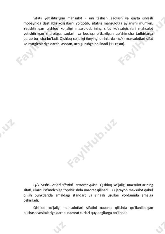 hiriladi. o‘lchash usullari qo‘llaniladigan usulning asosiga qarab kimyoviy, fizik, biologik, mexanik, mikroskopik, fizik - kimyoviy, texnologik va fiziologik bo‘lishi mumkin. organaleptik usul. qishloq xo‘jaligi maxsulotlari sifatini aniqlashda asosiy usul hisoblanadi. bu usulda insonning sezgi organlari (ko‘rish, ta’m va hid bilish, eshitish, qattiqlikni sezish va boshqalar) o‘lchash asboblari bo‘lib xizmat qiladi. qayd usuli. mahsulotni muntazam ravishda kuzatish xodisalarni, buyumlarni va xarajatlarni hisobga olish qayd qilish usulining asosi hisoblanadi. masalan, mahsulotning qaytarilishida ulardagi nuqsonlarning soni va hajmi hisobga olinadi. xisoblash usuli. mahsulotning bu usulda nazariy va empirik ko‘rsatgichlarning mahsulot sifat ko‘rsatgichlari bilan bog‘lanish orqali amalga oshiriladi. hisoblash usulidan maxsulotni loyihalashtirishda foydalaniladi. sotsiologik usul. iste’molchilarning mahsulot sifatiga bergan baholarni yig‘ish va bildirilgan fikrlarni tahlil qilish asosida uning sifatiga baho berish usulidir. ekspert usuli. mahsulotning sifat ko‘rsatgichlari mutaxasis ekspertlarning qaroriga asosan aniqlanadi. ko‘pincha mahsulotning sifatini ob’ektiv usullarda aniqlash qiyin bo‘lgan taqdirda ekspert usuldan foydalaniladi. bu usul masulot sifatini organaleptik usulda aniqlangan vaqtda kerak bo‘ladi. …