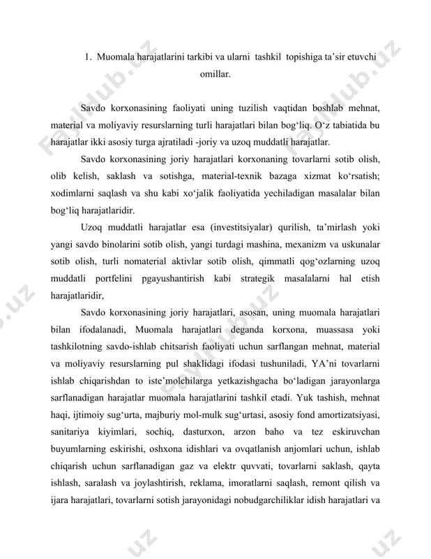 ylashtirish, reklama, imoratlarni saqlash, remont qilish va ijara harajatlari, tovarlarni sotish jarayonidagi nobudgarchiliklar idish harajatlari va shu kabi qator harajatlar kiritiladi. chakana savdo tashkilotlarining muomala harajatlari - aholiga yuqori sifatli madaniy xizmat qilib, ularning kun sayin o‘sib borayotgan talab va ehtiyojlarini imkon qadar to‘laroq qondirish uchun tovarlarni iste’molga yetkazib bsrish uchun qilinadigan zaruriy harajatlardai iborat bo‘ladi. shu boisdan ham chakana savdoda muomala harajatlari miqdorini kamaytirish uchun mavjud va foydalanmasdan yetgan imkoniyatlarni aniqlash va ishga tadbiq qilish iqtisodiyotning muhim vazifalaridandir. savdo korxonasining muomala harajatlarining absolyut summasi, savdo faoliyati harajatlilik darajasi, harajatlar samaradorliga darajasi, muomala harajatlarining rentabellik darajasi kabi ko‘rsatkichlar bilan ifodalanadi. a) savdo korxonasi muomala harajatlarining absolyut summasi savdo korxonasining joriy harajatlari hajmi haqida umumiy tasavvurni shakllantiradi, lekin ushbu harajatlarning samaradorlik darajasi haqida ma’lumot bermaydi. b) savdo faoliyatining harajatlilik darajasi muomala harajatlari summasining tovar aylanishi summasiga nisbatining foizdagi ifodasi sifatida aniqlanib, tovarlarning sotilish narxida savdo korxonasining joriy harajatlari ulushini ko‘rsatgan holda …