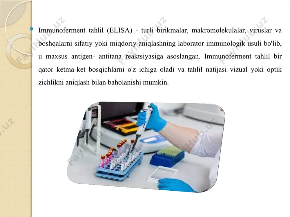 asini kuzatish, ekspress test sifatida foydalanish tezligi va qulayligi. ifa virusli, bakterial, zamburug’ va parazitar infektsiyalarni tashxislash uchun ishlatiladi. bundan tashqari, ba'zi serologik tekshiruvlarda qo’zg’auvchilarni aniqlashda, masalan, toksoplazmoz, toksokarioz, trixinellyoz diagnostikasida yagona skrining usul bo'lib qolmoqda. ifa shuningdek, sifilis, oiv infektsiyasi, virusli gepatitning laborator tashxisining eng ishonchli zamonaviy usullaridan biridir immunoferment tahlili ikki yo'nalishda qo'llaniladi: diagnostika maqsadida tekshirilayotgan qon zardobida antitanalarni aniqlash va qo’zg’atuvchi antigenlarni turini aniqlashda. immunoglobulinlar (ig) b-limfotsitlar va plazmatik hujayralar tomonidan sintez qilinadigan plazma oqsillari guruhidir. ular beshta sinfga bo'linadi: igg, igm, iga, ige, igd. immunoglobulinlar yoki antitanalar organizmga yot bo’lgan antigenlarni (bakteriyalar, viruslar, toksinlar va boshqalar) tanib olish, bog'lash va bu antigenlarni yo'q qilishga yordam beradi. immun javobda immunoglobulinlarning alohida sinflari sintezining dinamikasini hisobga olgan holda, igm antitanalarining mavjudligi birlamchi o'tkir infektsiyani ko'rsatadi, iggni aniqlash esa uzoq davom etgan jarayonni yoki faol kasalliksiz immunologik xotira mavjudligini ko'rsatadi. igg shuningdek, emlashdan keyingi davrda hosil bo’lgan antitanalar qatoriga …