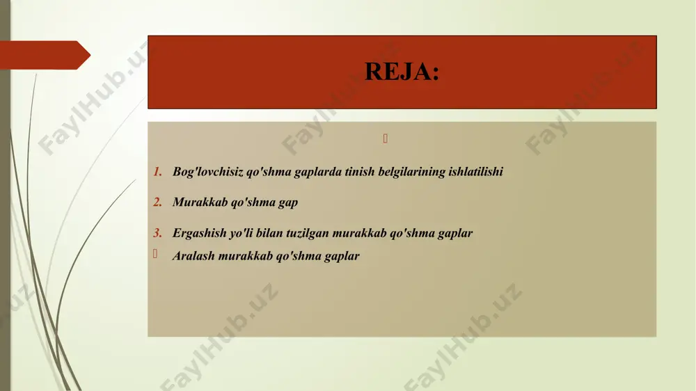 :bilib turibsiz, men hech narsa deganim yo'q. havasim kuchli.o'ylarim, xayollarim dunyo-dunyo. (o.) bog'lovchisiz qo'shma gaplarda tinish belgilarining ishlatilishi bog'lovchisiz qo'shma gaplarda tinish belgilari quyidagicha ishlatiladi: 1. bog'lovchisiz qo'shma gap tarkibidagi mazmun jihatdan bir-binga yaqin bo'lgan, bir paytda yoki ketma-ket bo'lgan voqea hodisalami ifodalagan sodda gaplar orasiga vergul qo'yiladi. masalan: sizning iste'dodingizni bilaman, sizga hurmatim hamisha baland. (o.) 2. bog'lovchisiz qo'shma gap tarkibidagi sodda gaplar mazmunjihatidan qisman mustaqil bo'lsa, yoki vergul ishlatilgan bo'lsa,qo'shma gap tarkibidagi sodda gap bir-biridan nuqtali vergul bilanajratiladi. masalan: pag'a -pag'a mayin qor osmondan yog'ilib turadi; shamolning sekin, bo'g'iq guvillashi eshitiladi. (s.z.) shinel jiqqa ho'l, bektemirning yuzidan tomchilab quyilar edi. bog'lovchisiz qo'shma gap tarkibidagi ikkinchi gap birinchigapning biror bo'lagini izohlasa, uning mazmunini to'ldirsa, soddagaplar orasiga ikki nuqta qo'yiladi. masalan: gunor butun yuragibilan yo'lchiga maftun: uning ko'ksini baxtsiz sevgi hasrati va ayriliqlim-lim to'ldirgan. (0.) siz menga ayting: yuqori hosil olish uchunkurashni nimadan boshlamoqchisiz. (o.) bog'lovchisiz qo'shma gap tarkibidagi sodda …