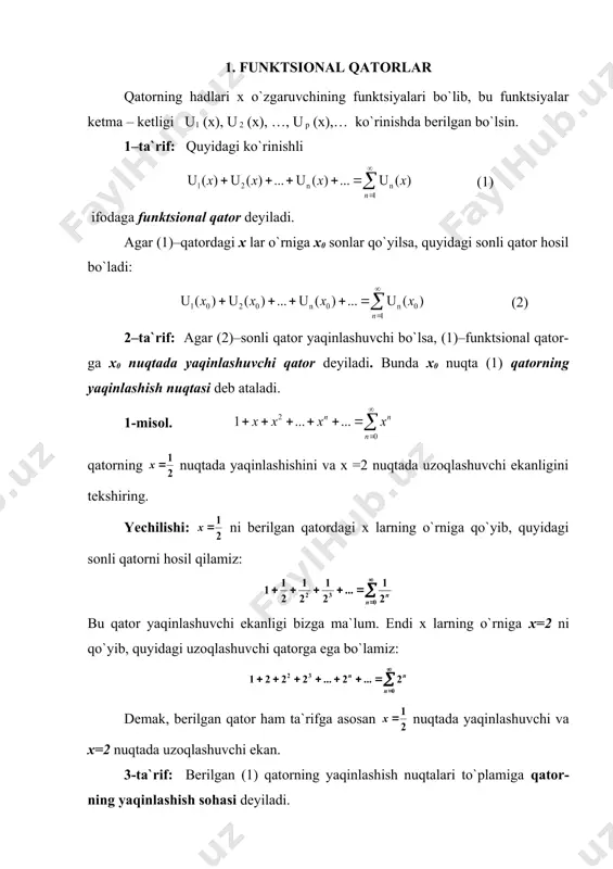 asining har bir x nuqtasida qatorning f(x) yig`indisi n→ ∞ da xususiy yig`indisi ketma – ketlikning limitiga teng bo`ladi: (3) 4 –ta`rif: (4) qatorning (5) qismiga (1) qatorning n – qoldig`i deyiladi. agar qoldiq had yig`indilarini rn (x) bilan belgilasak, ya`ni (6) u holda, (7) o`rinli bo`lib, n→ ∞ da rn(x)→0 bo`ladi. (1) ning yaqinlashish sohasi (6) ning ham yaqinlashish sohasi bo`ladi. (7) tenglikdan quyidagi tenglikni hosil qilamiz: (8) bunda absolyut xatodan iborat bo`lib, o`rinli bo`ladi. _1405949649.unknown _1405949653.unknown _1405949657.unknown _1405949659.unknown _1405949660.unknown _1405949661.unknown _1405949658.unknown _1405949655.unknown _1405949656.unknown _1405949654.unknown _1405949651.unknown _1405949652.unknown _1405949650.unknown _1405949647.unknown _1405949648.unknown _1405949646.unknown