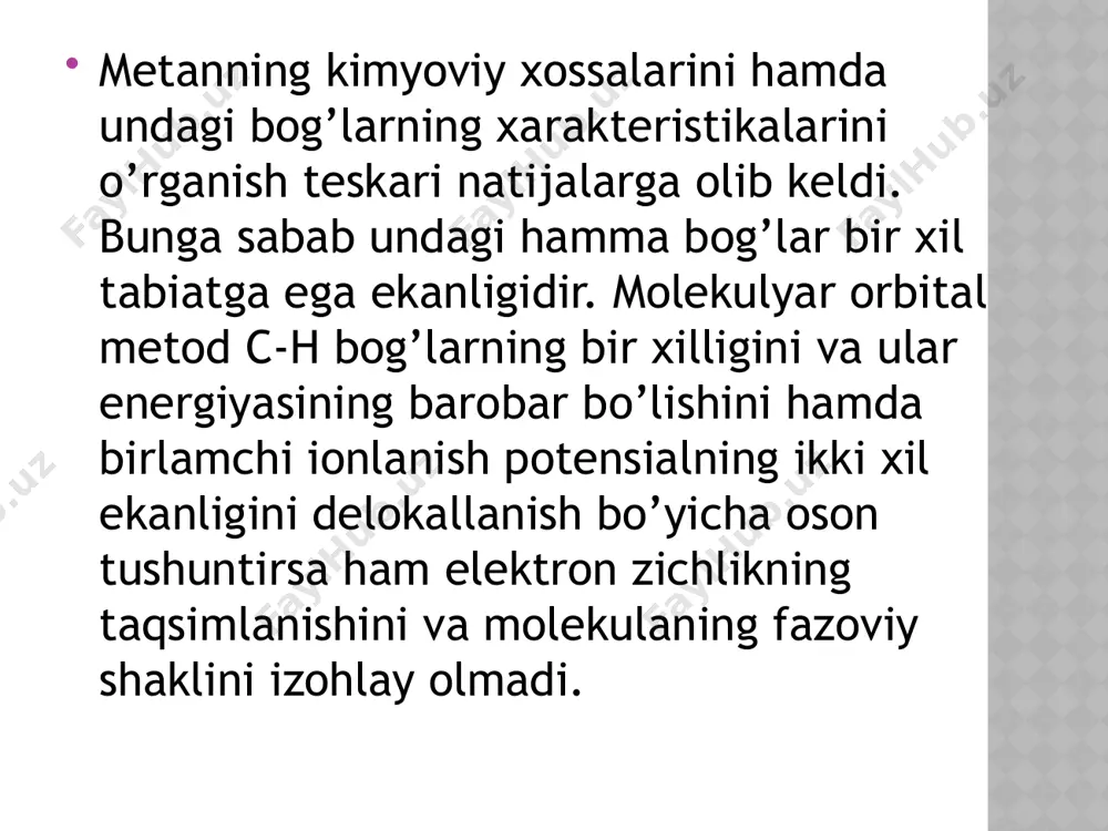 am uchrashi mumkin. digonal gibridlanishda uglerod atomida ikkita foydalanilmagan sof p-orbital ortib qoladi. ikkita sp –uglerod atomlaridan atsitilen molekulasi hosil bo’lishida ginrid orbitallar sigma bog’ hosil qilib bog’lanadi. har qaysi uglerod atomida ortib qolgan ikkitadan p-orbital esa bir-birini o’zaro perpendikulyar tekislikda qoplaydi. atsitilen molekulasidagi uglerod atomlari ikkita pi- va ikkita sigma bog’ orqali bog’langan. atsitilen molekulasining elektron tuzilishini poling va sleyter modelida ham ifodalash mimkin. bunda har ikkala uglerod atomi ham sp3 gibridlanishda, uch bog’ esa uchala sp3 gibrid orbitallarning qoplanishidan hosil bo’ladi deb qaraladi. lekin bu model atsetilenining ko’p xossalarini tushuntirib bera olmaydi. eng avvalo sp3 – elektronlarning bunday qoplanishida ular kuchli egilishi zarur. bu esa c – c bog’ning mustahkam emasligini bildiradi. amalda bu c – c bog’ juda barqaror. ikkinchidan, atsetilendagi c – h bog’larning etilen va etandagi image2.jpeg image1.jpeg