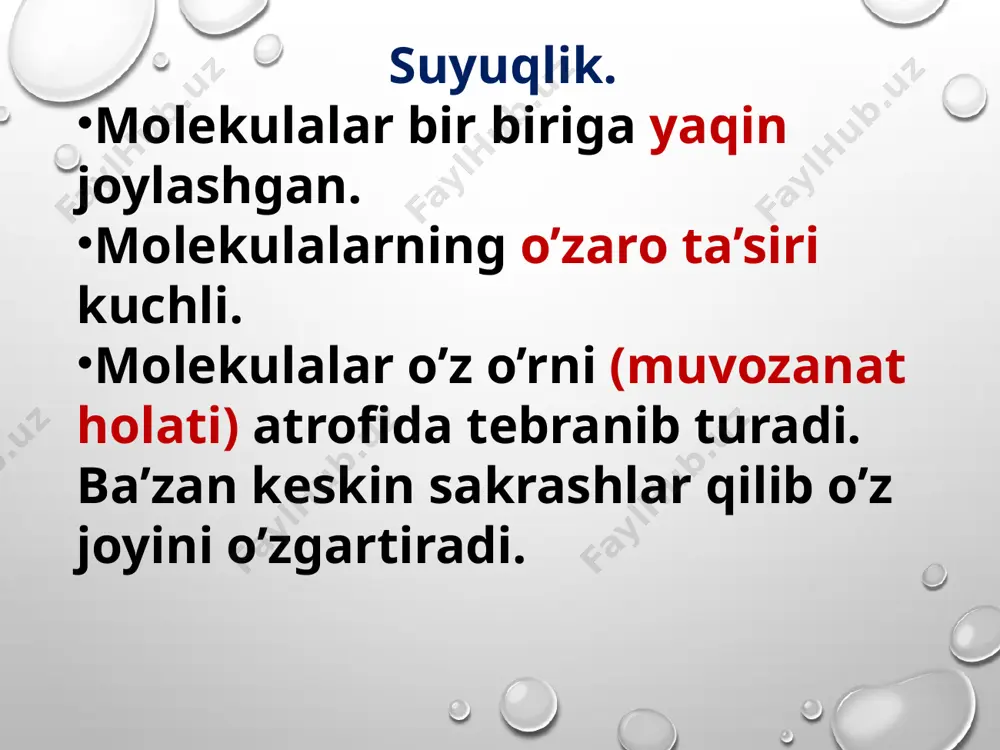 uyuqlik harakatida menisklar deformatsiyalanadi va ularning egrilik radiuslari o‘zgaradi (b rasm) havo pufakchasining turli tomonidagi qo‘shimcha δp bosim esa bir-biridan farq qiladi. bu hol havo pufakchalari tomonidan suyuqlikka shunday kuch ta’sir etishi natijasida suyuqlikni kapillyar naydagi harakat tezligi kamayadi yoki butunlay to‘xtab qoladi. bunday hodisalar odamning qon aylanish sistemasida ham yuz berishi mumkin (c rasm). qonga kirib qolgan havo pufakchalari kichik qon tomirlarini to‘sib qolishi va birorta organning qon bilan ta’minlanishidan mahrum etishi mumkin. gazemboliyasi deb ataladigan bu hodisa natijada jiddiy funksional shikastlanishga,hatto o‘limga olib kelishi mumkin. gaz emboliyasi yirik venalar jarohatlanganda hosil bo‘lishi mumkin; bunda qon oqimiga kirib qolgan havo pufakchasi qonning harakatlanishiga to‘sqinlik qiladi. vena tomirlari ichiga turli xil dorivorlar quyishda havo pufakchalari kirib qolmasligi lozim. image3.png image4.png image5.jpeg image6.png image7.png image8.gif image9.jpeg image10.png media1.mp4 image11.png image12.png image13.png image14.png image15.jpeg image16.jpeg image17.jpeg image18.jpeg image19.png image20.png image21.png image22.jpeg image23.jpeg image25.png image26.png image27.jpeg image28.png image29.png image30.png image31.png image32.png image33.png image34.jpeg …