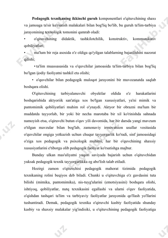 gallashi va ularni o'quv faoliyatida, o'qishdan tashqari ta'lim va tarbiyaviy faoliyatlar jarayonida qo'llash yo'llarini tushuntiradi. demak, pedagogik texnika o'qiruvchi kasbiy faoliyatida shunday kasbiy va shaxsiy malakalar yig'indisiki, u o'qituvchining pedagogik faoliyatiga ta'sir ko'rsatishi, ta'lim-tarbiya jarayonini tashkil qilish va boshqarish ishlarida asosiy yo'l ko'rsatuvchi bo'lib xizmat qiladi. ilg'or va novator o'qituvchi laming texnik mahorati pedagogik faoliyat olib borishlarida mimik va pantomimik harakatlarida, ovozini idora qila olish xususiyatlarida kuzatiladi. bu shundan dalolat beradiki, o'qituvchilar pedagogik texnika san'atini mukammal egallaganlar, uning ko'nikma va malakalarini o'zlarida aniq shakllantirishganva turli pedagogik vaziyatlarda qo'llay olish qobiliyatlariga egadirlar. pedagogikada o'qituvchi chuqur hissiyotga berilishini, shaxsiy hayotidagi turli rahiy vaziyatlar tufayli kayflarining o'zgarib turishini o'zi qattiq nazorat qilish talab qilinadi. ushbu nazoratni o'qituvchining o'zi boshqarishi lozim. bu jarayonning ijobiy natijalari o'qituvchining refleksiv qobiliyatlarida namoyon bo'ladi. pedagogik texnikaning yana bir muhim xususiyati pedagogik ta'sir ko'rsatishdagi o'qituvchining ma'naviy va estetik qiyofasi. bu tarbiyalanuvchilarga yaqqol namoyon bo'ladigan xususiyatdir. agar o'qituvchi ma'naviy qashshoq …