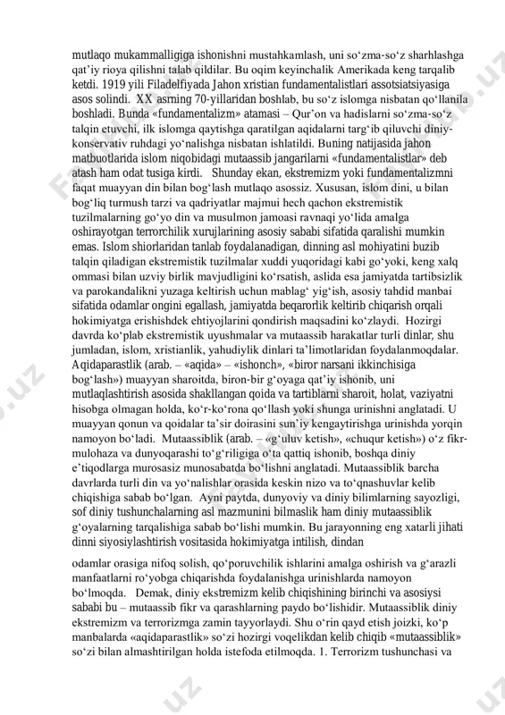 glatadi. diniy fundamentalizm – «ma’lum din vujudga kelgan ilk davriga qaytish va bu yo‘l bilan zamonaning barcha muammolarini hal qilish mumkin», degan fikrni ilgari surish ta’limotini anglatadi. istilohda aqidaning o‘zgarmasligini himoya qiladigan, muayyan diniy e’tiqod shakllanishining boshlang‘ich davrida belgilangan barcha yo‘l-yo‘riqlarni qat’iy va og‘ishmay bajarilishini talab qiladigan diniy oqimlarni ifodalashda qo‘llaniladi. «fundamentalizm» atamasi aslida xristian dini bilan bog‘liqdir. fundamentalizm iborasi birinchi bor i jahon urushi arafasida vujudga kelgan protestantlikdagi ortodoksal oqimlarni ifodalash uchun ishlatilgan. bu oqim 1910 yildan keyin shu nom bilan atala boshlagan. fundamentalistlar xristianlikning an’anaviy aqidalariga, ayniqsa bibliyaning mutlaqo mukammalligiga ishonishni mustahkamlash, uni so‘zma-so‘z sharhlashga qat’iy rioya qilishni talab qildilar. bu oqim keyinchalik amerikada keng tarqalib ketdi. 1919 yili filadelfiyada jahon xristian fundamentalistlari assotsiatsiyasiga asos solindi. xx asrning 70-yillaridan boshlab, bu so‘z islomga nisbatan qo‘llanila boshladi. bunda «fundamentalizm» atamasi – qur’on va hadislarni so‘zma-so‘z talqin etuvchi, ilk islomga qaytishga qaratilgan aqidalarni targ‘ib qiluvchi diniy- konservativ ruhdagi yo‘nalishga nisbatan …