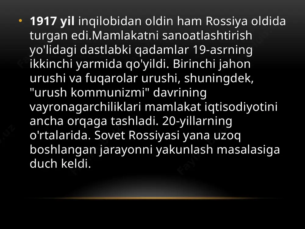 o'g'i o'n yil ichida "50-100 yil masofani bosib o'tishi" kerak edi, bu o'sha paytda sovet rossiyasidan g'arbning ilg'or davlatlaridan ortda qolib ketgan edi. birinchi va ikkinchi besh yillik rejalar ( 1928-1932 va 1933-1937 yillar ) ushbu muammoni hal qilishga bo'ysundi . 2-besh yillik reja aholi turmush darajasini oshirishga olib kelmadi.oziq-ovqat kartalari bekor qilindi, lekin umumiy narx darajasi oshdi. ishchilar davlat kreditlariga obuna bo'lishga majbur bo'ldilar. uy-joy sharoitlari yaxshilanmadi, chunki shaharlarda aholi soni ko'paydi. bu vaqtda staxanovchilar harakati paydo bo'ldi. 1935 yilda a. staxanov ko'mir qazib olish ko'rsatkichini 14 barobar oshirdi. uning tashabbusi boshqa sohalarga ham tarqaldi. staxanovitlar 2000 rublgacha pul oldilar. oyiga, mukofotlar. staxanov harakati bu jamiyatda tabaqalanishga olib keldi. tez orada ishlab chiqarish sur'atlari 20% ga oshdi va ishchilarning asosiy qismining ish haqi kamaydi. ular tez-tez ish joyini almashtirib, mehnat intizomini buzgan. bunga javoban, ishga kirishda zarur bo'lgan mehnat daftarchalari, ijtimoiy nafaqalar miqdori joriy etildi bir joyda uzluksiz ish …