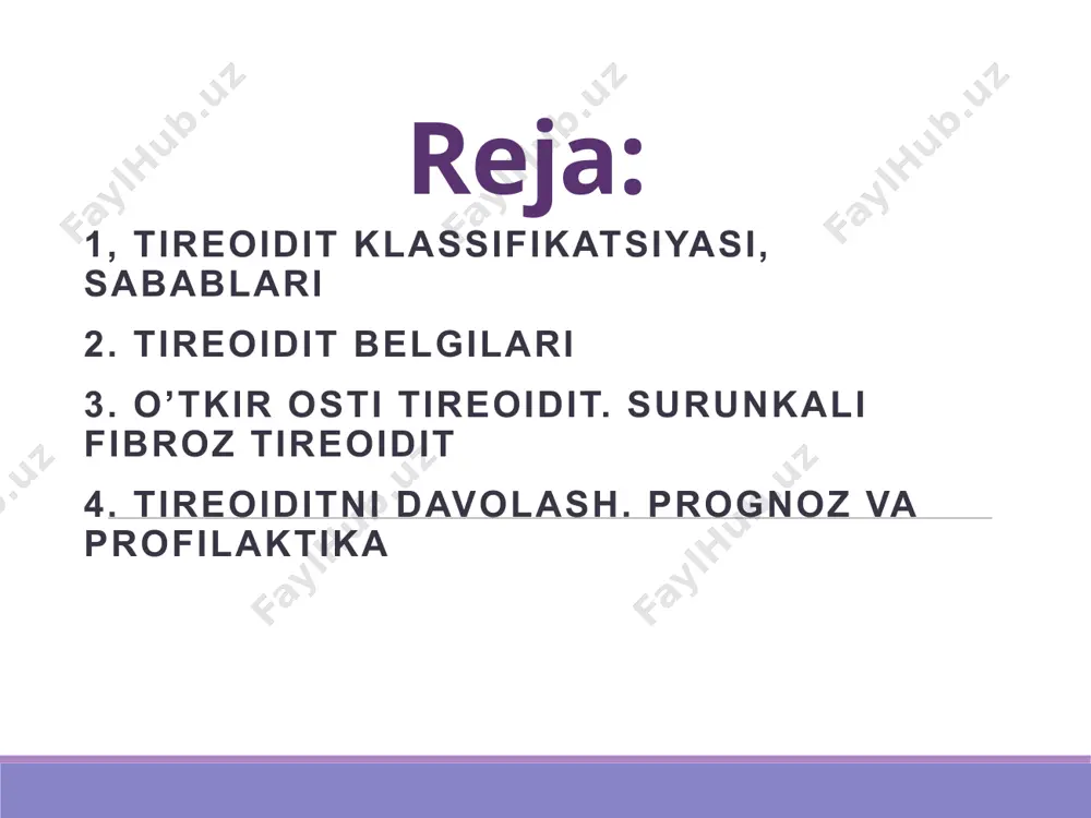 unda abses ( yiring ) hosil bo’ladi. yiringli sintez zonasi sekretor faollikdan o’chiriladi, lekin ko’pincha u bez to’qimalarining ahamiyatsiz qismini egallaydi va gormonal sekretsiyaning keskin buzilishiga olib kelmaydi. yiringli tireoidit o’tkir rivojlanadi – yuqori harorat (40 ° c gacha) va titroq bilan kechadi. bo’yinning old yuzasida boshning, jag’ning, tilning, quloqning orqa tomoniga siljish bilan o’tkir og’riqlar bo’ladi, yo’talish, yutish va bosh harakati bilan kuchayadi. intoksikatsiya tez sur’atlar bilan o’sib boradi: kuchli holsizlik, charchoq, mushaklar va bo’g’imlarning og’rig’i, bosh og’rig’i va taxikardiya kuchayadi. ko’pincha bemorning ahvoli og’ir deb baholanadi. palpatsiya qalqonsimon bezning mahalliy yoki diffuz kengayishi, qattiq og’riq, zich (infiltrativ yallig’lanish bosqichida) yoki yumshoq (yiringli sintez va abses shakllanishi bosqichida) mustahkamlik bilan aniqlanadi. bo’yin terisining giperemiyasi, haroratning mahalliy ko’tarilishi, bo’yin limfa tugunlarining ko’payishi va og’rig’i bo’ladi. o’tkir tiroiditning yiringli bo’lmagan shakli qalqonsimon bez to’qimalarining aseptik yallig’lanishi bilan tavsiflanadi va kamroq og’ir belgilar bilan davom etadi. o’tkir osti tireoidit o’tkir osti tiroidit …