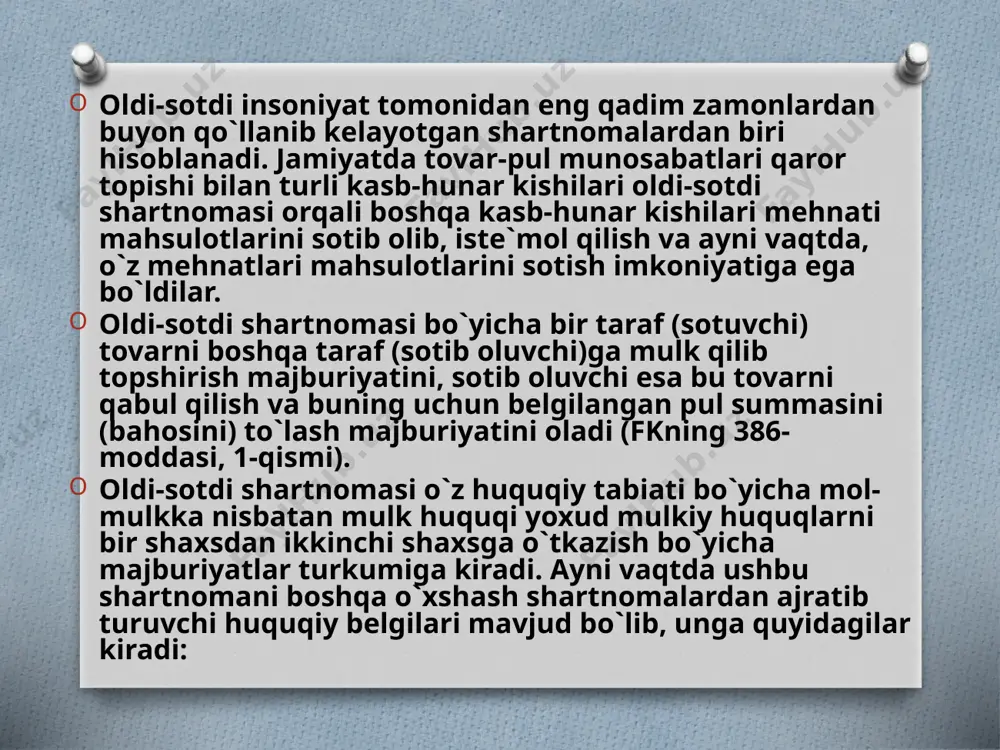 im ahamiyatga ega. ushbu konvensiyada umumiy huquq va qita huquqi tizimlarini savdo-sotiq bo`yicha shartnomalarining turlicha yondashuvlarini, ziddiyatlarini yumshatib, huquqiy-texnik jihatdan murosaga keltirish va umumiy qoidalar ishlab chiqilishiga erishilgan. vena konvensiyasi turli mamlakatlardagi subyektlar o`rtasidagi tovarlar oldi-sotdisini tartibga solishga qaratilgan umumiy va yagona me`yorlarni o`zida mujassamlaydi. konvensiya, asosan, tadbirkorlik sohasidagi xalqaro oldi-sotdi shartnomalarini tartibga soladi, shu sababli ham shaxsiy, oilaviy yoxud uyda foydalanish uchun tovarlar xarid qilishda qo`llanilmaydi. ayni vaqtda, konvensiya undiruvga qaratilgan mol-mulkni auksionlarda sotishga, qimmatli qog`ozlar, aksiyalar, ta`minlov qog`ozlari va muomala hujjatlari, suv transporti va havo transporti kemalari, elektr energiyasi sotib olishga nisbatan ham qo`llanilmaydi. vena konvensiyasi faqat oldi-sotdi shartnomasining tuzilishini va ushbu shartnoma asosida taraflarda huquq va majburiyatlar vujudga kelishini tartibga soladi. shu sababli ham agarda boshqacha qoida belgilanmagan bo`lsa, u shartnomaning o`zi, uning shartlari haqiqiyligi, shuningdek sotilgan tovarga nisbatan mulk huquqi haqida shartnoma belgilagan oqibatlarga taalluqli emas. shu bilan birga, konvensiya sotuvchining tovar biror shaxsning sog`lig`ini shikastlanishi …