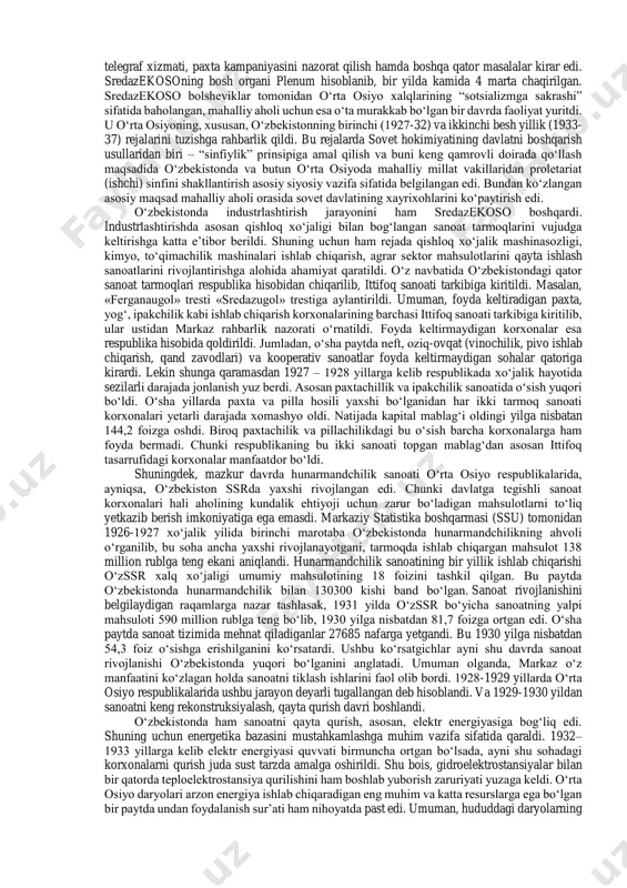 arkazga qaram respublika ekanini ko‘rsatardi. umuman, o‘rta osiyoda yuqorida qayd etilgan tashkilotlarning tashkil etilishi bu hududda markazning hukmronlik ta’sirini yanada oshirdi. iqtisodiy byuro o‘zining qisqa, ya’ni bir yilu uch oylik faoliyati davomida o‘rta osiyo respublikalari iqtisodiyotini to‘la boshqarishga harakat qildi. bu boshqaruvni yanada mustahkamlash maqsadda o‘rta osiyo respublikalarining 1925-1926 yillarga mo‘ljallangan xo‘jalik rejasi ishlab chiqildi. nega endi uzoqroq muddatni ko‘zlagan emas, aynan bir yillik reja ishlab chiqishga qaror qilindi? chunki markaz o‘rta osiyoda yangi tashkil etilgan respublikalar va muxtor viloyatlarning xalq xo‘jaligi, aholisi, yer resurslari, irrigatsiya inshootlari va boshqa tabiiy-moddiy boyliklari haqida hali aniq ma’lumotlar ega emas edi. shu bois, iqtisodiy byuro respublikalar va muxtor viloyatlar haqida yetarlicha ma’lumotlarga ega bo‘lmay turib, uzoq muddatli reja ishlab chiqishni ma’qul ko‘rmadi. iqtisodiy byuroning talabiga ko‘ra, bir yillik reja shunday puxta, makkor strategiyani o‘ziga singdirishi kerak ediki, bu orqali o‘rta osiyo respublikalari ittifoqning xomashyo bazasiga aylanishi lozim edi. ana shu g‘arazli maqsad iqtisodiy …