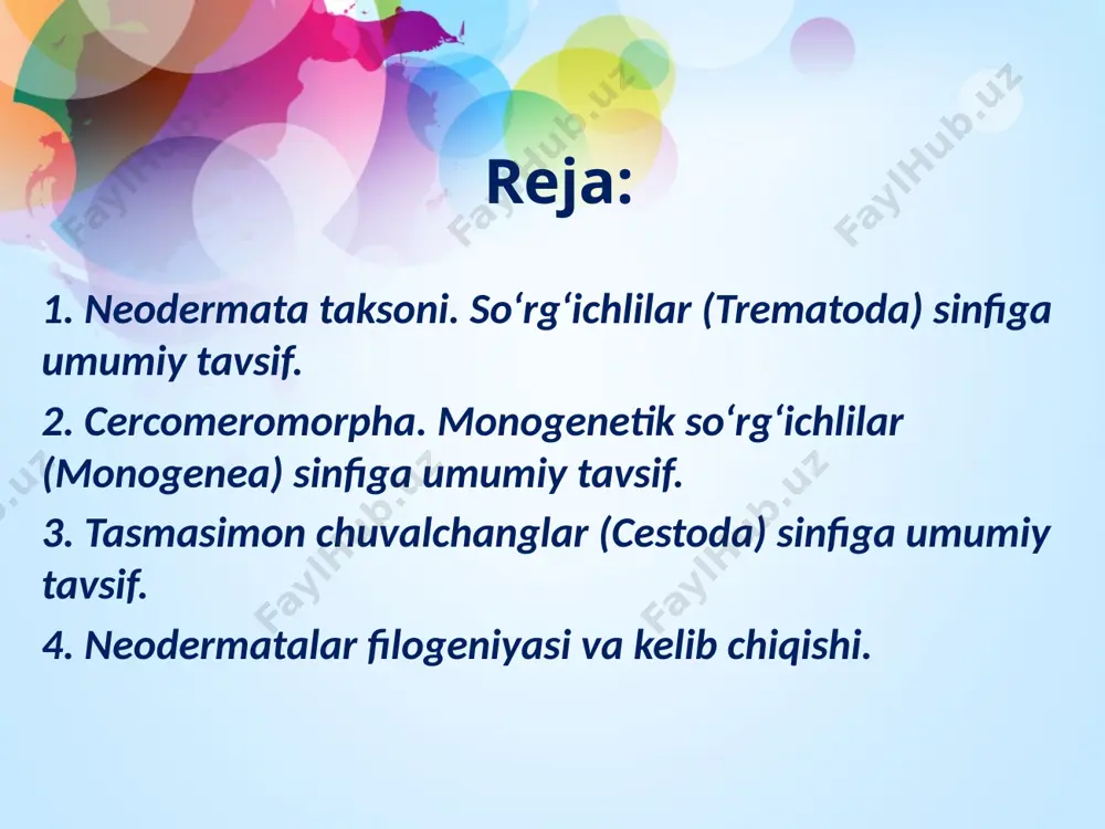iy organlari kuchli rivojlangan. digenea sc – digenenetik sorg’ichlilar umurtqali hayvonlarni asosiy taksonlarni endoparaziti hisoblanadi .bir qancha turlarni yirik shoxli qoramollar va odamda parazitlik qiladi. ularning 11000 dan ortiq turi bor. sсhistosoma mansoni turi afrika va tropik amerikada uchraydi. lichinkasi mollyuskalardan odam terisiga yopishib, teri to’qimaliga o’tadi. tuxumi ichak venasidan ichakka o’tadi va fekaliy bilan tashqi muhitga chiqadi. agar tuxum suvga tushsa tezda mirotsidiy lichinka chiqib u molluskalarga o’tadi va serkaliyga aylanadi. bular ichida xitoy ikkiog’izlisi (opisthorchis sinensis) uy hayvonlari, it va odam o’t pufagida uchraydi. sharqiy osiyoda 20 mln odam zararlangan. voyaga yetganda 8 yilgacha yashaydi. 1 kunda 4000 tagacha tuxum qoyadi. migratsiyasi “zararlangan hayvon - mollyuska - baliq – odam yoki uy hayvonlari”. jigar qurti tuzilishi va hayoti. jigar fatsiolasi yoki jigar qurti ko‘p tarqalgan so‘rg‘ichlilardan. u ko‘pincha, qo‘y, echki, qoramol, cho‘chqa, tuya va quyonlar ning jigarlarida (jigarning o‘t yo’llarida) parazitlik qilib, mazkur hayvonlarda turli kasalliklar qo‘zg‘atadi. tashqi …
