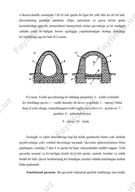 ylashishi mumkinligini e’tiborga olib, ular ikki qator armaturalanadi. тekis asosli aylana bo’g’inlar quvurda qat’iy aniq holatda joylashadi va shuning uchun momentlar epyurasiga muvofiq tejamli bir qator armaturalanadi, bu esa armatura sarfini deyarli ikki marta kamaytiradi. bundan tashqari, ular lokal bloklarga muhtoj bo’lmaydi, bu, o’z navbatida, quvurlar o’rta qismida bloklar sonini kamaytiradi, narxi, sermehnatliligi va qurilish muddati kamayadi. ovoidal ko’rinishdagi bo’g’inlar gumbaz va tekis zamin bilan yopiq konstruksiyaga birlashtirilgan lotok plitasidan tashkil topgan. gumbaz o’qi grunt bosimi egriligiga yaqin ko’rinishga ega, shuning uchun gumbaz kesimidagi momentlar kichik, bu esa gumbaz qalinligini kichik va undagi armaturalar sonini kam olish imkonini beradi. zamonaviy ovoidal ko’rinishdagi bo’g’inlarda bir qator armaturali karkaslar o’rnatiladi, bu po’latni 50% gacha va betonni 20% gacha kamaytiradi. тo’g’ri to’rtburchakli temirbetonli bo’g’inlar teshigi 2 va 2,5 m, balandligi 2 m va teshigi 3 va 4 m, balandligi 2,5 m bo’lgan yopiq ramalardan iborat bo’lib, bo’g’inlar devorining qalinligi quvur teshigi diametri va …