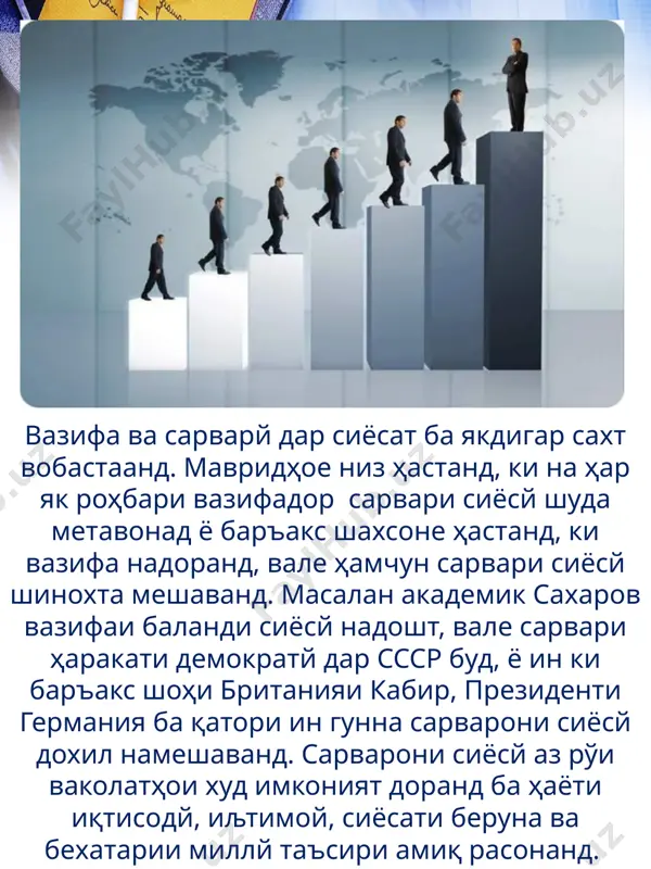 давлатй баромад менамояд сарвари харизматикй (аз анг. маънои рафторро дорад) дар асоси боварй ба қобилияти фавқулодаи пешво асос ёфтааст. аз рўи услуби фаъолият сарварон ду хел мешаванд авторитарй демократй сарвари авторитарй ҳокимиятро ба монополияи худ табдил дода, бо гурўҳҳо алоқаашро канда, ҳокимиятро пурра ба зери тасарруф мегирад. аслиҳаи асосии фаъолияташ «талаб» ва «таҳдид» мебошанд сарвари демократй ташаббус нишон медиҳад, ки ба таври максималй ҳар як гурўҳ дар идоранамой ширкат намояд. бюрократй харизматикй вебер аввалин сиёсатшиносест, кисарварони сиёсиро аба се гурўҳ тақсим менамояд анъанавй аз рўи мазмун шаклҳои сарварй чунинанд сарвари илҳомбахш сарвари серғайрат ҳам илҳомбахш ҳам ташкилотчй барномаи рафторро кор карда мебарояд ва барои амалишавии он кўшиш менамояд. ташкилотчии ичроиши барномаҳои пешниҳодшуда. сарваре, ки дар як вақт ҳам илҳомбахш ва ҳам ба ҳайси ташкилотчй баромад мекунад. ҳамин тавр сарвари сиёсй ҳамон вақт соҳиби обрў ва нуфуз мегардад, ки новобаста аз сохти сиёсй манфиати оммаро зиёдтар ҳимоя намояд, масъалаҳоро дилсўзона ҳал …