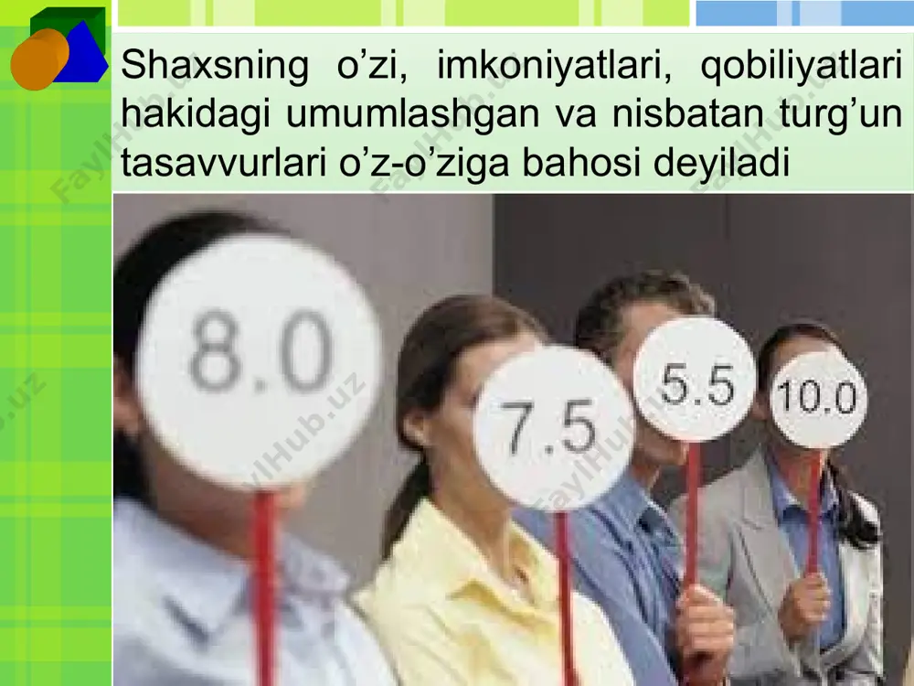 chki dialogning har kimda har xil ekanligidan darak beruvchi faktlardir o’z- o’zini baholash darajasi. o’z-o’zini baxolashda ballar 45 balldan 74 ball (“o’rtacha” vа “yuqori”) gacha bo’lsa, bu real (haqqoniy) baholanishni bildiradi. 75 dan 100 ballgacha ko’rsatkich esa o’z-o’ziga juda yuqori baho berganini bildirib, bunda shaxs shakllanishida ayrim og’ishlar borligini ko’rsatadi natija 45 balldan kam bo’lsa u o’ziga past baho berishini o’zini qadrlamasligini, shaxs rivojlanishida birmuncha salbiyligini bildiradi. bunday o’quvchilar “xavfli guruh” ni tashkil etadilar, bundaylar hozirgi jamiyatda kam uchraydi. o’ziga past baho berish ortida, umuman, ikki hil psixologik ko’rinish bo’lishi mumkin: o’ziga kuchli ishonchsizlik yoki “ximoyalanish”, bunda o’ziga “men hech narsani eplolmayman” deb baho berish, hech narsaga urinmaslikka, o’zgarmaslikka olib keladi shaxs o‘ziga - o‘zi baho berish orqali o‘zining xulq- atvorini to‘g‘irlab tartibga solib boradi. u shaxsning yadrosiga taaluqli bo‘lib,xulq- atvorni muhim boshqaruvchisidir. odamning atrofdagilar bilan o‘zaro munosabatlari, uning tanqiydiligi,o‘ziga talabchanligi, muvaffaqiyat va muvaffaqiyatsizlikka munosabati uning o‘ziga- o‘zi beradigan bahosiga …