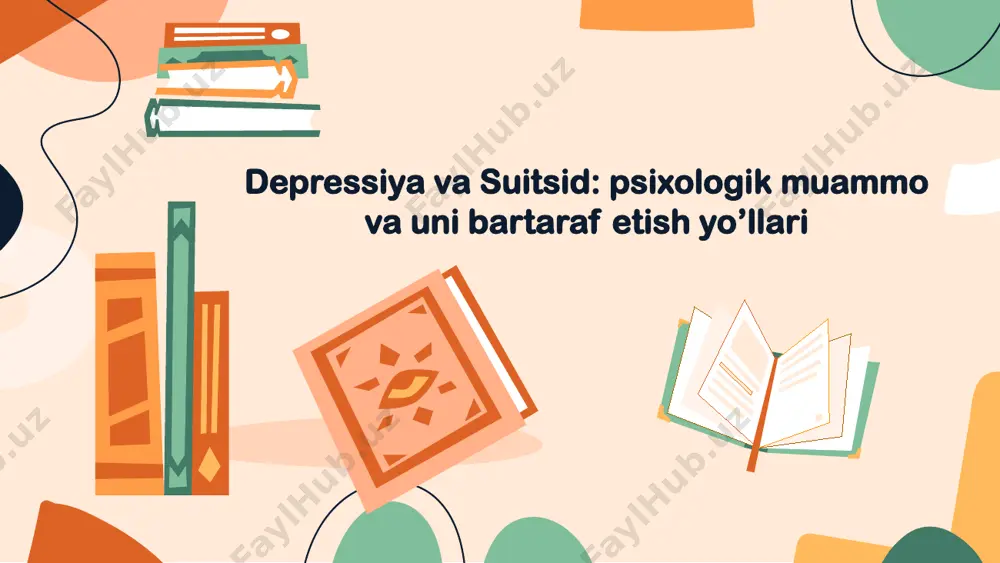 sligi. stressli voqealar yoki travmatik tajribalar. jismoniy yoki ruhiy kasalliklar. yolg’izlik va o’zini jamiyatdan ajralgan holda his qilish. muammoning oldini olish va uning davosi depressiya va suitsidni oldini olishda eng muhim omillardan biri bu o’z vaqtida yordam olishdir. psixoterapiya, dori-darmonlar va ijtimoiy qo’llab-quvvatlash depressiyadan chiqqan insonlar uchun asosiy davolash usullaridir. psixoterapiya odamga o’z his-tuyg’ularini anglash va ularga to’g’ri munosabat bildirish imkoniyatini beradi. dori-darmonlar esa kimyoviy disbalanslarni tiklashda yordam beradi, bu esa insonning ruhiy holatini yaxshilaydi. suitsid xavfi mavjud bo’lganda esa, shoshilinch ravishda psixologik va tibbiy yordam ko’rsatish zarur. bu jarayonda insonni qo’llab-quvvatlash, unga e’tibor berish va uni yolg’iz qoldirmaslik muhim. ya’ni, insonlar o’z muammolari bilan yolg’iz qolib ketmasligi uchun jamiyat va oila katta rol o’ynashi kerak. o’zaro muloqot, hissiy yaqinlik va tushunish suitsid holatlarini kamaytirishi mumkin. jamiyatning roli: ma'naviy va ruhiy qo‘llab-quvvatlash depressiya va suitsid kabi psixologik muammolarga qarshi kurashda jamiyatning roli nihoyatda katta. psixologik muammolar ko'pincha insonni yolg'izlikka olib …