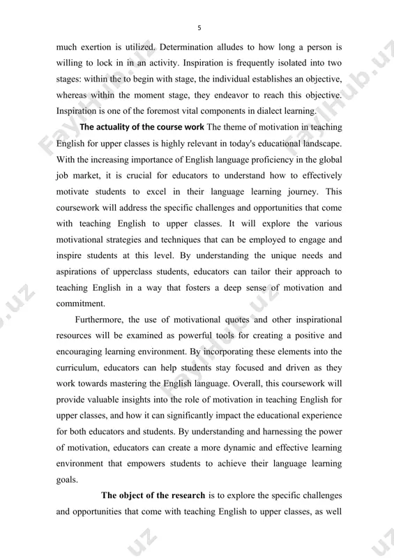 d practical values of this research are determined by studying the complex of practical activities and systematizing the theoretical aspects of several activities. the presented materials can be used by teachers in the educational process in english in upper classes. the results of the study can be applied in the process of learning foreign language of upper classes’ students. the main research methods may include literature review, case studies, surveys, interviews with educators and students, observation of classroom dynamics, and analysis of academic performance data. these methods can provide a comprehensive understanding of the challenges and opportunities in teaching english to upper class students, as well as the impact of motivation on their learning experience. additionally, these research methods can help in identifying effective motivational strategies and techniques that can be implemented in the classroom, as well as the role of educators in fostering motivation and addressing cultural and individual …