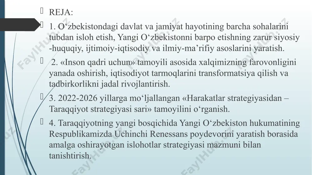 aqsadlar aniq belgilangan: – inson qadrini yuksaltirish va erkin fuqarolik jamiyatini yanada rivojlantirish orqali xalqparvar davlat barpo etish; – mamlakatimizda adolat va qonun ustuvorligi tamoyillarini taraqqiyotning eng asosiy va zarur shartiga aylantirish; – milliy iqtisodiyotni jadal rivojlantirish va yuqori o‘sish sur’atlarini ta’minlash; – adolatli ijtimoiy siyosat yuritish, inson kapitalini rivojlantirish; – ma’naviy taraqqiyotni ta’minlash va sohani yangi bosqichga olib chiqish; – milliy manfaatlardan kelib chiqqan holda umumbashariy muammolarga yondashish; – mamlakatimiz xavfsizligi va mudofaa salohiyatini kuchaytirish, ochiq pragmatik va faol tashqi siyosat olib borish. 2017 yil sentyabrda bmt bosh assambleyasining 72-sessiyasida o‘zbekiston prezidenti ilgari surgan tashabbuslar asosida keyingi 5 yilda bmt bosh assambleyasining quyidagi 6 ta rezolyusiyasi qabul qilingani fikrimizni yaqqol isbotlaydi: – bmt bosh assambleyasining 2018 yil 22 iyundagi yalpi majlisida qabul qilingan “markaziy osiyo mintaqasida tinchlik, barqarorlik va izchil taraqqiyotni ta’minlash bo‘yicha mintaqaviy va xalqaro hamkorlikni mustahkamlash” rezolyusiyasi; – bmt ba 72-sessiyasidagi nutqida ilgari surilgan g‘oya asosida 2018 …