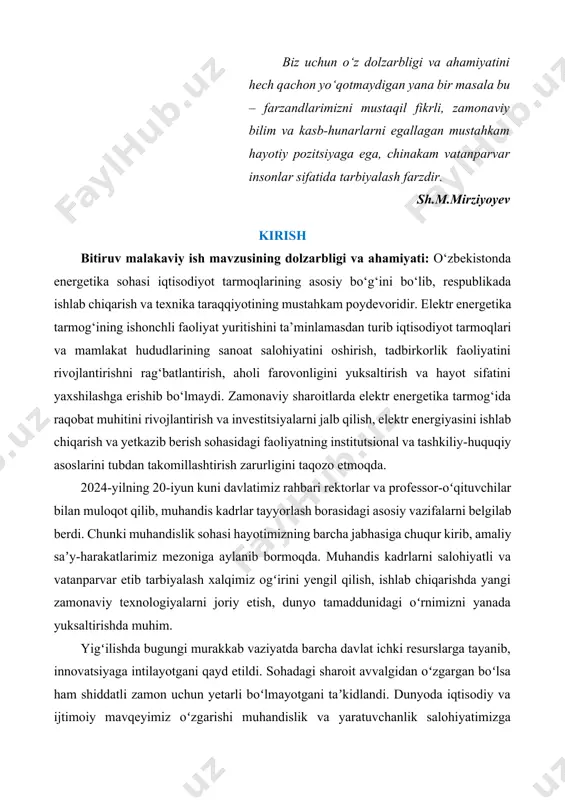 irkorlik faoliyatini rivojlantirishni rag‘batlantirish, aholi farovonligini yuksaltirish va hayot sifatini yaxshilashga erishib bo‘lmaydi. zamonaviy sharoitlarda elektr energetika tarmog‘ida raqobat muhitini rivojlantirish va investitsiyalarni jalb qilish, elektr energiyasini ishlab chiqarish va yetkazib berish sohasidagi faoliyatning institutsional va tashkiliy-huquqiy asoslarini tubdan takomillashtirish zarurligini taqozo etmoqda. 2024-yilning 20-iyun kuni davlatimiz rahbari rektorlar va professor-oʻqituvchilar bilan muloqot qilib, muhandis kadrlar tayyorlash borasidagi asosiy vazifalarni belgilab berdi. chunki muhandislik sohasi hayotimizning barcha jabhasiga chuqur kirib, amaliy saʼy-harakatlarimiz mezoniga aylanib bormoqda. muhandis kadrlarni salohiyatli va vatanparvar etib tarbiyalash xalqimiz ogʻirini yengil qilish, ishlab chiqarishda yangi zamonaviy texnologiyalarni joriy etish, dunyo tamaddunidagi oʻrnimizni yanada yuksaltirishda muhim. yigʻilishda bugungi murakkab vaziyatda barcha davlat ichki resurslarga tayanib, innovatsiyaga intilayotgani qayd etildi. sohadagi sharoit avvalgidan oʻzgargan boʻlsa ham shiddatli zamon uchun yetarli boʻlmayotgani taʼkidlandi. dunyoda iqtisodiy va ijtimoiy mavqeyimiz oʻzgarishi muhandislik va yaratuvchanlik salohiyatimizga bogʻliq. iqtisodiyotimizning jadal oʻsishini taʼminlashda yuqori malakali muhandis-texnologlarga ehtiyoj yuqoriligiga ham urgʻu berildi. shu bilan birga …