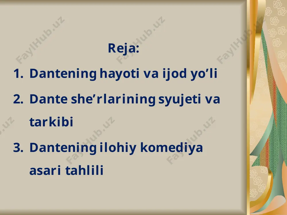 hayot yarmigacha, men o'zimni qorong'u o'rmonda topdim, beatrice portinari-dante aligyerining yagona sevgisi dante aligieri tomonidan. florensiyadagi santa mariya del fiore soboridagi domeniko di mikelino freskasi. 15 asr “dunyoviy hayotning yarmida”, dante gunohlar va aldanishlar “qorong’u o’rmonda” o’zini topdi. dante o’ttiz besh yosjini inson hayotining o’rtasida, uning yoyining cho’qqisi deb biladi. u bunga 1300 yilda yetib kelgan va shu yili u o’z hayotini oxirat hayotiga bag’ishlagan. bu xronologiya shoirga shu sanadan keyin sodir bo’lgan voqealarni “bashorat qilish” uslubiga o’tishga imkon beradi. gunohlar va aldanishlar o’rmonining tepasida haqiqat quyoshi bilan yoritilgan fazilatning qutqaruvchi tepasi ko’tariladi. shoirning najot tepaliligiga ko’tarilishiga uchta hayvon to’sqinlik qiladi. shahvoniylik, shahvoniylik, mag’rurlikni ifodolovchi sher va ochko’zlik. qo’rqib ketgan dantening ruhi “yugurib va hayvon bo’lib orqaga o’girilib, hamma odamlarni oldindan belgilangan o’limga olib boradigan yo’lga qaradi.” dantedan oldin virjin, mashhur rim shoiri, eneyid muallifi. o’rta asrlarda u donishmand, sehrgar va nasroniylikni oldingi afsonaviy shuhratidan bahramand bo’lgan. dantani do’zax va …