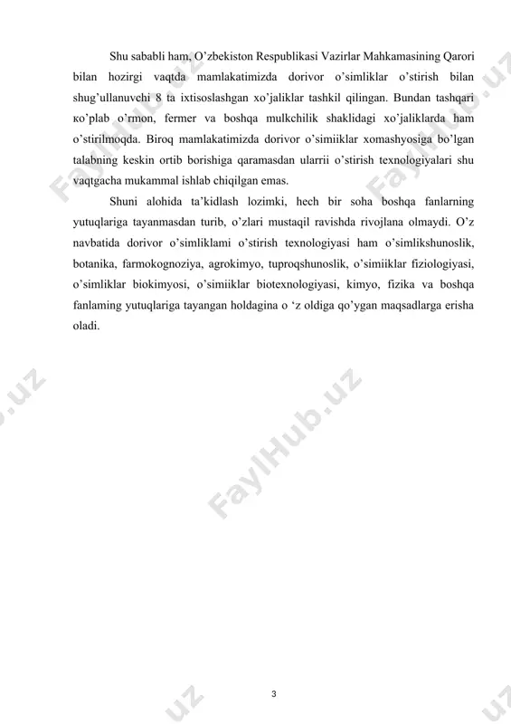 n ortishiga sabab bo’ldi. jumladan, 2020-yilda dunyo mamlakatlarida dorivor o’simliklar asosidagi vositalar aylanmasi 100,9 mlrd dollarni tashkil etgan bo’lsa, yillik o’sish 7,2 % dan iborat bo’lgan. o’zbekiston tabiiy va geografik jihatdan dorivor o’simliklarga boy hudud hisoblanib, respublikada tabiiy holda mavjud 4500 turga yaqin yuksak o’simliklarning 1200 ga yaqini dorivorlik xususiyatiga ega. mamlakatimizda so’nggi yillarda dorivor va ziravor o’simliklarni rivojlantirishga, xususan tabiiy boyliklardan samarali va unumli foydalanishga katta ahamiyat berilmoqda. jumladan, o’zbekiston respublikasi prezidentining 2020-yil 10-apreldagi “yovvoyi holda o’suvchi dorivori o’simliklarni muxofaza qilish, madaniy holda yetishtirish, qayta ishlash va mavjud resurslardan oqilona foydalanish chora-tadbirlari to’g’risida”gi pq-4670-son qarori sohani tubdan rivojlanishining huquqiy asoslarini yaratib berdi. ushbu qarordagi vazifalarni amalga oshirish natijasida dorivor o’simliklarni nafaqat tabiatda yovvoyi holda terib olish, balki madaniy holda plantatsiya usulida ko’paytirish va qayta ishlashni tashkil etish bilan shug’ullanuvchi fermerlar va tadbirkorlar soni ham sezilarli darajada ortib bormoqda. o’tgan davr mobaynida 9 ta dorivor o’simliklar yetishtirish klasterlari tashkil etilib, …