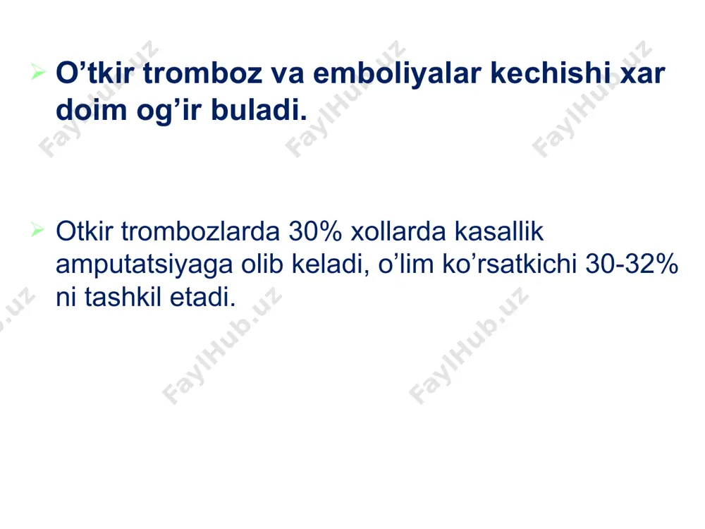 ya i б оg’riq i i a parez i i б plegiya iii a subfassial shish iii б iii в porsial kontraktura total kontraktura sezgi buzilishi agar og’riq va taktil sezgi saqlangan bo’lsa, demak oyoqlar qon aylanishi xayotiylikni saqlash uchun yetarlidir. boldir subfassial shishi эмбол yuza joylashgan arteriyalar palpatsiyasida embolni sezish mumkin spazm yoki yuqoriga ko’tariluvchi trombozda emboldan yuqori qismda puls aniqlanmaydi эмбол puls yuk embol эмбол okklyuziyadan pasda pulsatsiya sezilishi mumkin. оккluziya pulsaciya arterial spazm bartaraf bo’lganda embol arteriyani distal qismiga migratsiya qilishi mumkin. эмбол diagnozni 100% aniq qo’yish mumkin: agar: -uat birdaniga 40 yoshli odamda bo’lsa - ateroskleroz bo’lmasa - revmatik nuqson bo’lsa - mersal aritmiyasi bo’lsa diagnoz - emboliya. zararlangan qo'l yoki oyoqdagi qon aylanishini tiklash uchun shoshilinch operatsiya-embolektomiya qilish zarur. operatsiya nekrotik o'zgarishlar rivojlanmasdan oldin, dastlabki 4-12 soat ichida o'tkazilsa maqsadga muvofiq bo'ladi. davolashni tomir xirurgiyasining maxsus bo'limida yoki umumiy profildagi xirurgiya bo'limida o'tkazish maqsadga muvofiqdir. …