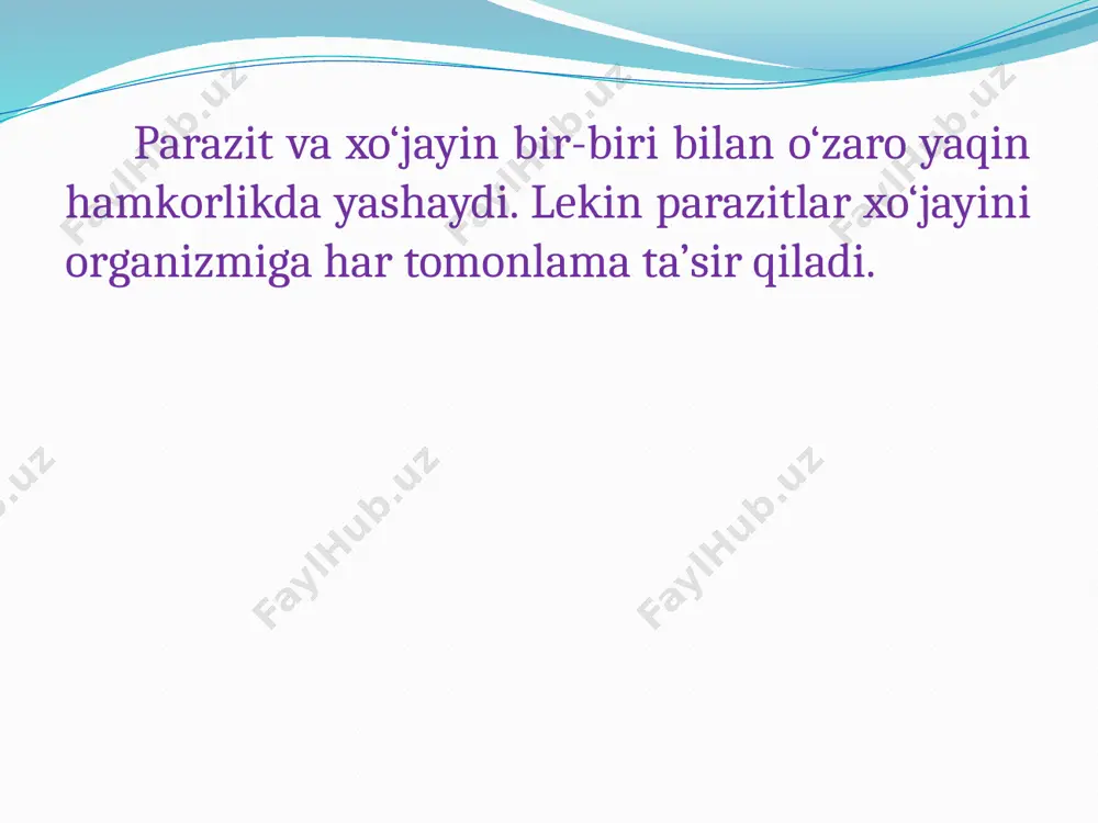 azitlarda (masalan, zuluklar, kanalar, ayrim bo‘g‘imoyoqlilarda) ichaklari shoxlanib, yuzasi kengaygan bo‘ladi va bir vaqtning o‘zida juda ko‘p miqdordagi oziqni sig‘dira oladi. bunday parazitlar bir marta oziq moddasini g‘amlab olgan holda uzoq vaqt (2-3 yilgacha) oziqlanmay yashay oladi. bundan tashqari, qon bilan oziqlanuvchi ba’zi parazitlar (zuluklar) qonning ivib qolmasligi uchun unga maxsus bezlardan gemofilin yoki girudin moddasini yuboradi. boshqa guruh parazitlarda yuqorida qayd etilgan o‘zgarishlarning teskarisi kuzatiladi, ya’ni ularda ovqat hazm qilish organlari qisqarib ketgan. ular oziq moddalarni butun gavdasi orqali so‘rib oladi (tasmasimon chuvalchanglarda). bir guruh endoparazitlarda hazm organlarining reduksiyalanib ketishiga sabab, bu parazitlar tayyor holdagi suyuq oziq (qon, limfa suyuqligi, shiralar) ichida yashashidadir. biologik adaptatsiya. parazitlarning hayot faoliyatidagi dominant funksiyalardan yana biri ularning ko‘payishi, ya’ni avlod qoldirishidir. parazitlarda germafroditizm va jinsiy organlari faoliyati nihoyatda kuchaygan bo‘lib, serpushtlilik hodisasi yuqori darajada turadi. ko‘pchilik parazitlar nihoyatda serpusht bo‘lib, juda ko‘p miqdorda tuxum qo‘yadi. lekin bu xususiyat quyidagi ikki holat bilan bog‘liq. …