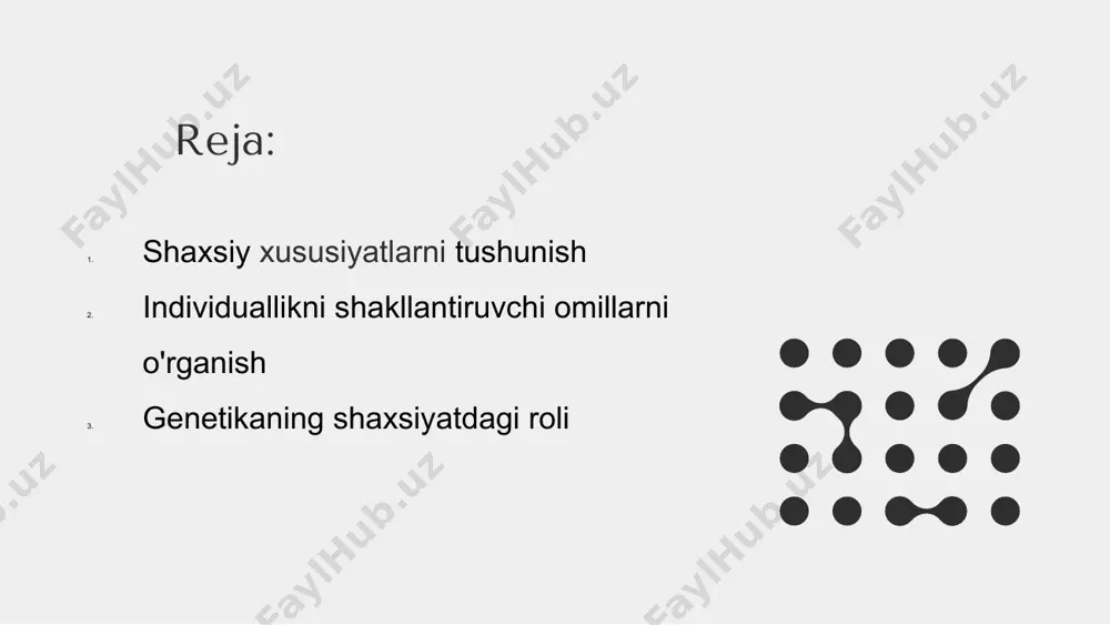 olishi qiyin yosh: 20 - 40 o’qishi: oylik to’lovi: universitet $700/oy tarif hayotda yutadigan insonlar-bular o’zligini anglagan insonlar shaxsiy xususiyatlarni tushunish shaxsiy xususiyatlar - bu shaxsning xatti-harakati va fikrlash shakllarini belgilaydigan o'ziga xos xususiyatlar. ular bizning qarashlarimiz, e'tiqodlarimiz va harakatlarimizni shakllantirishda muhim rol o'ynaydi. shaxsiy xususiyatlarni tushunish juda muhim, chunki bu bizga o'zimizni va boshqalarni yaxshiroq tushunishga imkon beradi. bu samarali munosabatlarni o'rnatishga, nizolarni boshqarishga va shaxsiy o'sishni rag'batlantirishga yordam beradi. shaxs va individuallikni o'rganish orqali biz odamlarning o'zaro munosabati va dunyoni idrok etishiga ta'sir qiluvchi ekstroversiya, introversiya, ochiqlik, vijdonlilik va hissiy barqarorlik kabi omillar haqida tushunchaga ega bo'lamiz. kuchli shaxsni shakllantirishning amaliy usullari 1 2 3 2 kuchli shaxsiy identifikatsiyani rivojlantirish shaxsiyat va individuallik uchun juda muhimdir. bunga erishish uchun amaliy texnikani talab qiladi. 1 o'zini anglash, aniq maqsad va qadriyatlarni belgilash va o'ziga xosligini qabul qilish orqali kuchli individual o'ziga xoslikni rivojlantirish mumkin. 3 o'ziga bo'lgan ishonchni shakllantirish, …