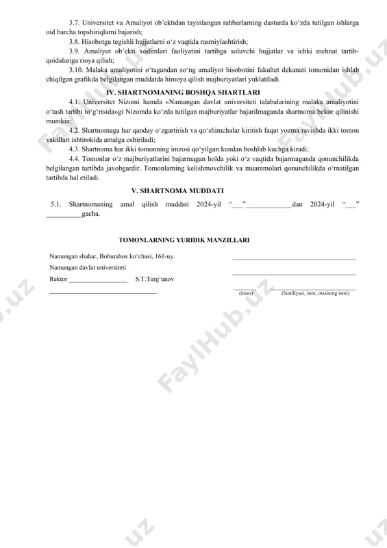 urlari bilan ta’minlash; 1.5. malaka amaliyoti ob’ektlaridagi amaliyotning tashkil etilishi va o‘tkazilishi hamda mazmunini nazorat qilish. ii. amaliyot ob’ektining majburiyatlari 2.1. malaka amaliyotini o‘tash davrida talabalarga amaliyotchi maqomini berish; 2.2. malaka amaliyotini tashkil etishga ko‘maklashish, etakchi, malakali va tajribali hamda amaliyotchilar bilan ishlash ko‘nikmasiga ega bo‘lgan mutaxassislar tarkibidan amaliyot ob’ektidan rahbar tayinlash; 2.3. amaliyotchilar uchun ish joyi va amaliyot davrida foydalanish uchun zaruriy materiallar ajratilishini tashkil etish; 2.4. moliyaviy imkoniyatlardan kelib chiqqan holda amaliyotchiga biriktirilgan mas’ul xodimlarni moddiy rag‘batlantirish; 2.5. malaka amaliyoti dasturiga muvofiq talabalarga joriy qilinadigan shart-sharoitlar (uskunalar, jihozlar, shaxsiy himoya vositalari, maxsus oziq-ovqat va boshqalar)ni yaratish; 2.6. amaliyot davrida talabalarga mavjud adabiyotlar, texnik va boshqa hujjatlardan foydalanish imkoniyatlarini berish; 2.7. imkoniyat darajasida va bo‘sh ish o‘rinlari doirasida amaliyotchi talabani malaka amaliyoti davrida ish haqi to‘lanadigan lavozimga ishga qabul qilish; 2.8. ichki mehnat intizomini buzgan talaba haqida universitetni xabardor qilish; 2.9. zaruriyat va imkoniyatdan kelib chiqib, talabalar yashashi uchun …