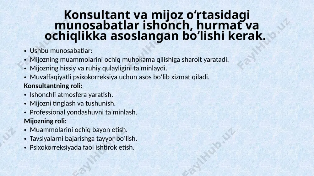 dashuvni qo‘llash. standart yechimlardan qochib, har bir mijozga o‘ziga xos maslahatlar beriladi. ob’yektivlik konsultant mijozning muammolarini baholamasdan va hukm qilmasdan tinglaydi. bu tamoyil mijozning o‘ziga bo‘lgan ishonchini oshiradi. faollashtiruvchi qo‘llab-quvvatlash mijozning muammolarini mustaqil hal qilish qobiliyatini rivojlantirishga yordam berish. konsultant yechimni to‘liq tayyorlab berish o‘rniga, mijozga ularni o‘zi topish imkoniyatini beradi. hamkorlik konsultant va mijoz birgalikda ishlaydi. bu tamoyil mijozni faol ishtirokchi sifatida jarayonga jalb etadi. psixologik yordamning ixtiyoriyligi konsultatsiyaga murojaat qilish va tavsiyalarni amalga oshirish faqat mijozning roziligi bilan amalga oshiriladi. konsultatsiya bosqichlari psixologik konsultatsiya jarayoni bir necha muhim bosqichlardan iborat bo‘lib, har biri alohida ahamiyatga ega. 2.1. tayyorlov bosqichi maqsad: mijoz bilan aloqa o‘rnatish va ishonchli atmosfera yaratish. jarayon: mijozni tinglash va unga ochilish imkoniyatini berish. konsultatsiya qoidalari va tamoyillari haqida ma’lumot berish. natija: mijoz o‘z muammolarini ochiq bayon qilishga tayyor bo‘ladi. tahlil bosqichi maqsad: mijozning muammosini aniqlash va uning sabablarini tushunish. jarayon: savollar orqali mijozning muammosini chuqur …