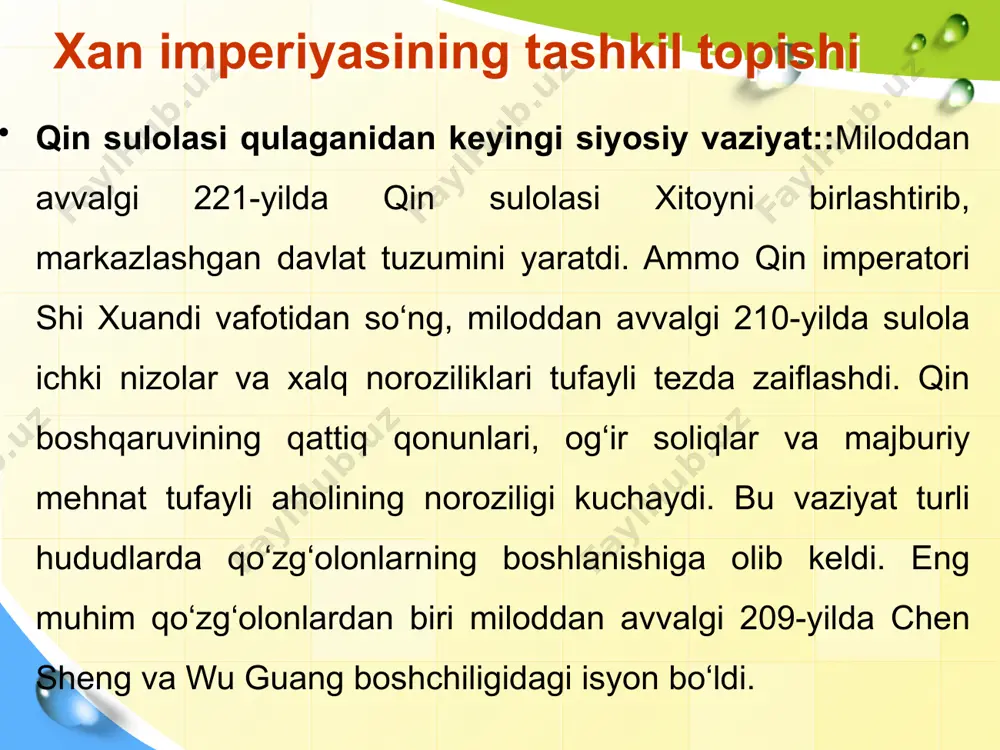 bilan aloqalarni kengaytirdi. buyuk ipak yo‘lining shakllanishi nafaqat iqtisodiy, balki madaniy va diniy almashinuvlarni ham rag‘batlantirdi. xalqaro savdo va diplomatik aloqalar xan imperiyasining global nufuzini oshirib, uning madaniyati va iqtisodiyotini boshqa xalqlar bilan bog‘ladi. foydalanilgan adabiyotlar ro‘yxati karimov a. – qadimgi xitoy tarixi. toshkent: “o‘zbekiston milliy ensiklopediyasi” nashriyoti, 2010. rashidov r. – sharq mamlakatlari tarixi (qadimgi davr - xiv asr). toshkent: “fan”, 2006. berdiev k. – sharq uyg‘onish davri va xitoy. toshkent, 2013. usmonov m. – xitoy madaniyati va tarixiga kirish. toshkent, 2015. qodirov o. – jahon tarixi: qadimgi dunyo. toshkent: “yangi asr avlodi”, 2009. ergashev i. – xitoy sivilizatsiyasi va siyosiy tuzilmasi. samarqand, 2017. image1.png image3.png image4.png image5.png image2.png /docprops/thumbnail.jpeg