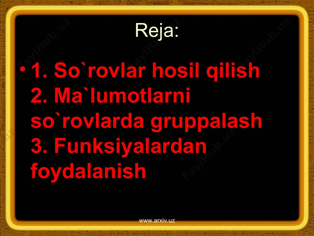 ash va so`rov bajarilishining natijaviy jadvalida aks ettirish kerakligi ko`rsatiladi. tanlov mezoni bittia yoki bir necha maydon uchun ko`rsatilishi mumukin. mazkur misoldagi tuzilgan so`rov natijasida «4» va «5» ba`o olgan «101» nomerli gurux o`quvchilari `aqidagi ma`lumotlar tanlanadi www.arxiv.uz www.arxiv.uz www.arxiv.uz www.arxiv.uz