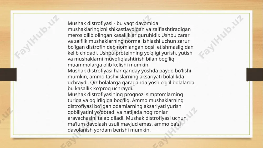 ganlar uchun kutilayotgan umr kech - 20 yosh. beckerning mushak distrofiyasi becker mushak distrofiyasi duchenne mushak distrofiyasiga o'xshaydi, ammo unchalik og'ir emas. ushbu mushak distrofiyasi o'g'il bolalarga ko'proq ta'sir qiladi. mushaklar zaifligi asosan qo'llaringiz va oyoqlaringizda uchraydi, 11-25 yoshda alomatlar paydo bo'ladi. becker mushak distrofiyasining boshqa belgilari quyidagilardan iborat: oyoq barmoqlarida yurish tez-tez tushadi mushaklarning kramplari poldan ko'tarilishda muammo ushbu kasallikka chalingan ko'pgina odamlar 30 yoshga to'lgunga qadar nogironlar aravachasiga muhtoj emaslar va ushbu kasallikka chalingan odamlarning kam foizi hech qachon bunga muhtoj emas. becker mushak distrofiyasi bilan og'rigan odamlarning aksariyati o'rta yoshgacha yoki undan keyin yashaydi. tug'ma mushak distrofiyasi tug'ma mushak distrofiyalari ko'pincha tug'ilishdan 2 yoshgacha namoyon bo'ladi. aynan shu payt ota-onalar farzandining motor funktsiyalari va mushaklarni boshqarish zaruriyat darajasida rivojlanmayotganini payqashadi. semptomlar farq qiladi va quyidagilarni o'z ichiga olishi mumkin. mushaklarning zaifligi vosita nazorati sust qo'llab-quvvatlamasdan o'tirish yoki turish skolyoz oyoq deformatsiyalari yutish muammosi nafas olish muammolari ko'rish …