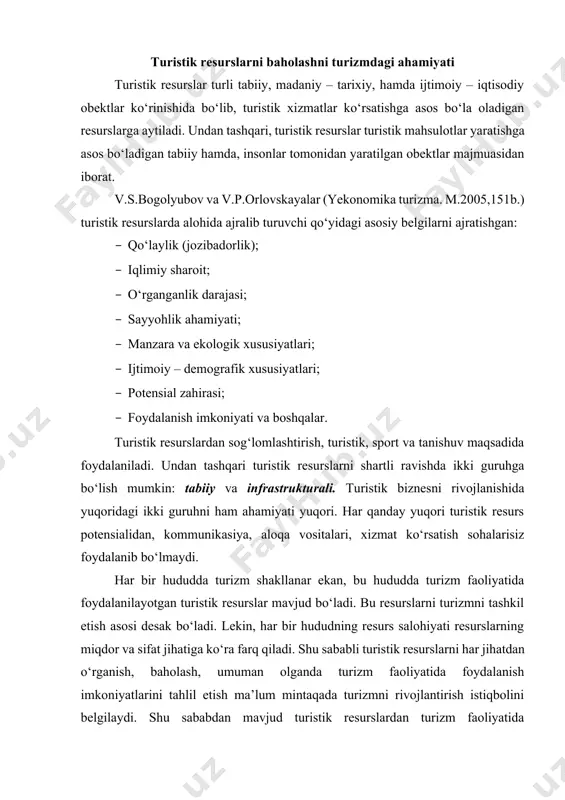 a, foydalanish texnologiyasiga hamda atrof – muhit holatiga bog‘liq. bunda ularni baholash asosiy o‘rinni egallaydi. baholash orqaligina ulardan foydalanish, muhofaza qilish me’yorini o‘rnatish mumkin. turistik resurslarni miqdor va sifat jihatdan baholash turistik – rekreatsiya resurslarini mutaxasislar asosan miqdor va sifat jihatdan baholashni taklif etishgan. miqdor jihatdan baholashda turistik faoliyatda foydalanish mumkin bo‘lgan turistik resurslar hisobi olinadi hamda baholashda qo‘yidagi hislatlar hisobga olinadi: 1. zahira ko‘rsatgichi, ya’ni hududiy rekreatsion tizimning qabul qilish potensiali; 2. mavjud resurslarni maydon ko‘rsatgichi, ulardan rekreatsiya maqsadida foydalanish imkoniyati; 3. rekreatsiya resurslaridan mavsum sifatida foydalanishning davomiyligi. bu bahoni samarqand viloyati misolida ko‘radigan bo‘lsak, birinchi navbatda viloyatning turistik obektlarini o‘rganishimiz lozim. quyida samarqand viloyatning turistik obektlari 3-jadval asosida ko‘rsatilgan. jadval 3. samarqand viloyatining turistik obektlari tumanlar turistik obektlar nomi samarqand shahri ulug‘bek abservatoriyasi, xo‘ja doniyor payg‘ambar ziyoratgohi, ishratxona, qadimiy siyob arig‘i, afrosiyob arxeologik muzeyi va harobalari, xazrati xizir masjidi, shohi – zinda majmuasi, bibixonim ansambli, siyob bozori, registon …