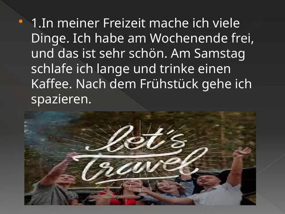 t die hauptstadt von deutschland? tests 1. wann hast du frei? a) jeden tag b) am wochenende c) am montag 2. was machst du am samstag? a) ich arbeite. b) ich schlafe lange und trinke einen kaffee. c) ich gehe zur arbeit. 3.was ist der beruf des vaters? a) arzt b) lehrer c) ingenieur 4.welche stadt ist die hauptstadt von deutschland? a) münchen b) frankfurt c) berl 5.wie viele berühmte städte werden im text genannt? a) zwei b) drei c) vier in 6.warum möchte die person nach berlin? a) weil berlin sehr schön ist. b) weil berlin klein ist. c) weil berlin weit weg ist. zusammenfassung: samstags und sonntags habe ich nicht viel freizeit, manchmal reise ich gerne, deshalb habe ich an diesen tagen mehr ruhe und lerne. die familie des autors besteht aus fünf personen: dem vater, der mutter, zwei brüdern und ihm selbst. der vater und der ältere …