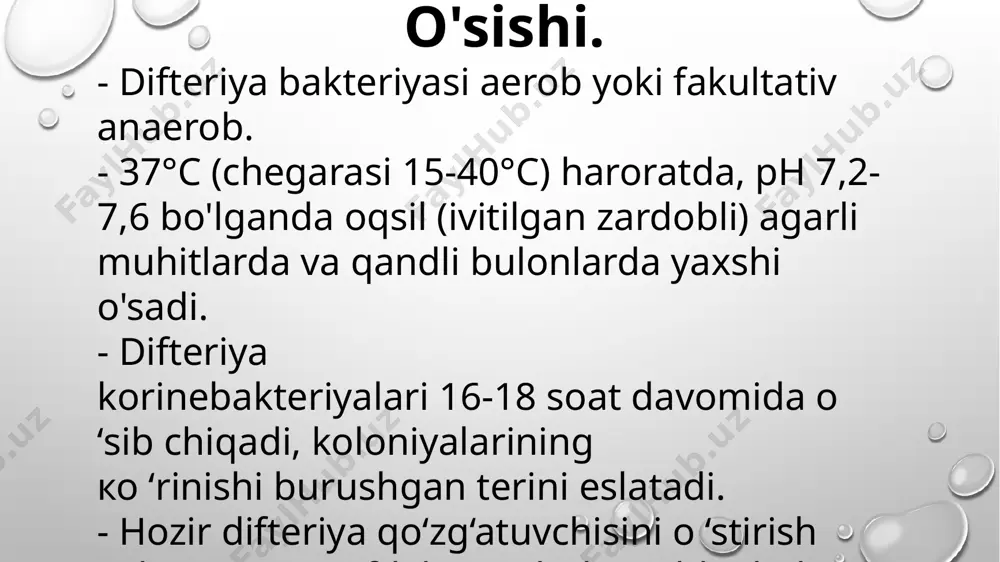 mordan 4-6 hafta davomida ajralib turadi. kasal bola yo'talganda, aksirganda havoga tarqalgan mayda balgam va shilliq tomchilaridagi ko'kyo'tal tayoqchasi sog'lom bolaning nafas yo'llari orqali organizmga kiradi (infeksiyaning havo-tomchi yo'li bilan yuqishi). immuniteti. ko'kyo'tal bir umrga immunitet qoldiradi. bemorning qonida agglutinin, pretsipitin, komplementni biriktiruvchi antitelolar paydo bo'ladi. qondagi ko'kyo'tal bakteriyalariga bakteritsid ta'sir etuvchi himoya antitelolari mavjudligi organizmda kuchli immunitet borligini ko'rsatadi.laboratoriya tashxisi. laboratoriya tashxisi. - tekshirish uchun, asosan, bakterologik usul qo'l- laniladi. shu maqsadda bemordan balg'am yoki halqum va burunclan shilliq modda olinib borde-jangu, sut-qonli yoki gidrolizat-kazeinli, kazei n-ko'mirli muhitlarga ekiladi. - ko'kyo'tal mikrobini tezdaaniqlash uchun tezkor immunofluoressent usuldan foydalaniladi. davolash va profilaktikasi. davolash va profilaktikasi. - bemorga ko'kyo'talga qarshi maxsus y-globulin, levomitsitin, vitamin- lar beriladi. bemor imkoni boricha ochiq havoda bo'lgani ma'qual. umuman kasallik simptomlariga qarab davolanadi. - hozirgi vaqtda adsorbsiya qilingan ko'kyo'tal-bo'g' ma qoqshol vaksinalar (akds) bilan bolalar emlanadi. bu vaksina tarkibida. 40 mlrd.cha o'ldirilgan ko'kyo'tal mikroblari bo'ladi. akds …