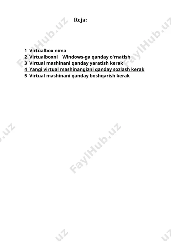 a qanday o'rnatish 1 - qadam. https://www.virtualbox.org/wiki/downloads orqali virtualbox ni yuklab oling. 2 - qadam. virtualbox yuklab olganidan so'ng dasturni ishlatish uchun sichqoncha bilan ikki marta bosing va sizda o'rnatish jarayoni boshlanadi. 3 - qadam. o'rnatish jarayoni boshlanganidan so'ng quyidagi oyna hosil bo'ladi. joriy oynadagi next tugmasini bosing. 4 - qadam. joriy oynada sizda o'rnatilayotgan packet lar va virtualbox ni qayerda o'rnatilishi va xotiradan qancha joy olishi haqida sizga ma'lumot berayabdi. siz shu joyning o'zida boshqa c:/ emas balkim d:/ sizda bor bo'lgan diskga o'rnatishingiz mumkin. next tugmasini bosing. 5-qadam. joriy oynada siz o'rnatilayotgan virtualbox dasturini shorcut (ярлик) qilish joylarini tanlashingiz mumkin. tanlaganingizdan so'ng next buyrug'ini bosing. 6- qadam. boshlang'ich 5 qadamni bosib o'tganizdan so'ng install tugmasini boshingiz kerak bo'ladi. 7- qadam. kerakli driverni o'rnatishni so'raydi. kerakli driverni o'rnatishingiz esdan chiqmasin! ushbu manda chiqgan usb agar o'rnatmasam manda usb boyicha muammolar kelib chiqishi mumkin. shu uchun o'rnatish jarayonida install tugmasini …