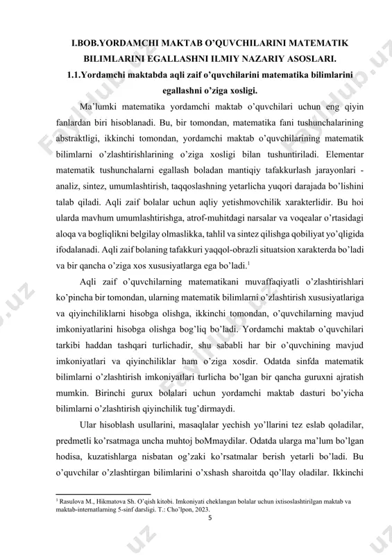 uchun ixtisoslashtirilgan maktab va maktab-internatlarning 5-sinf darsligi. t.: cho’lpon, 2023.] aqli zaif o’quvchilarning matematikani muvaffaqiyatli o’zlashtirishlari ko’pincha bir tomondan, ularning matematik bilimlarni o’zlashtirish xususiyatlariga va qiyinchiliklarni hisobga olishga, ikkinchi tomondan, o’quvchilarning mavjud imkoniyatlarini hisobga olishga bog’liq bo’ladi. yordamchi maktab o’quvchilari tarkibi haddan tashqari turlichadir, shu sababli har bir o’quvchining mavjud imkoniyatlari va qiyinchiliklar ham o’ziga xosdir. odatda sinfda matematik bilimlarni o’zlashtirish imkoniyatlari turlicha bo’lgan bir qancha guruxni ajratish mumkin. birinchi gurux bolalari uchun yordamchi maktab dasturi bo’yicha bilimlarni o’zlashtirish qiyinchilik tug’dirmaydi. ular hisoblash usullarini, masaqlalar yechish yo’llarini tez eslab qoladilar, predmetli ko’rsatmaga uncha muhtoj bommaydilar. odatda ularga ma’lum bo’lgan hodisa, kuzatishlarga nisbatan og’zaki ko’rsatmalar berish yetarli bo’ladi. bu o’quvchilar o’zlashtirgan bilimlarini o’xshash sharoitda qo’llay oladilar. ikkinchi guruh o’quvchilar matematika darslarida ayrim qiyinchiliklariga duch keladilar. bu o’quvchilar ularga ma’lum qilinayotgan haqiqiy hodisa, voqea va narsalarni yaxshi tasawur eta olmaydilar. ular miqdoriy munosabatlarni, miqdorlarning o’zgarishini, kattaliklarni faqat bevosita ularni kuzatish orqali ma’nosiga …