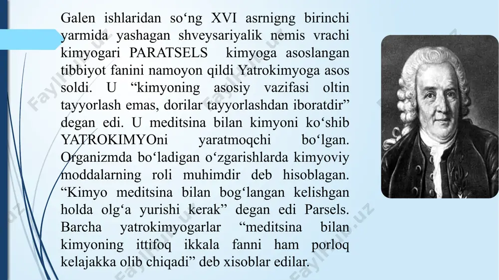 n deb qaradi va alkimyogarning vazifasi oltin va kumushni ishlab chiqarish emas, balki odamlarga shifo beradigan dorilarni tayyorlash deb hisoblaydi. u tirik organizmlar tabiatdagi barcha jismlar kabi simob, otingugurt va tuzlardan tashkil topgan deb taʼlim bergan. uning fikricha odam xudo tomonidan butun bir dunyoning asosiy magʻzidan xuddi ulkan bir kimyoviy laboratoriyada yaratiladi va yaratuvchining siymosini tashib yuradi. odam uchun man qilingan biror bir ilm va nafaqat tabiatdagi barcha hodisalarni balki uning tashqarisidagi narsalarni oʻrganishi ham lozim. uni bu narsalarning gʻayritabiiyligi dovdiratib qoʻymasligi lozim, negaki xudo uchun ilojsiz narsaning oʻzi yoki bu mazmun-mohiyat esa uning qudratining isbotidir. paratselsning yatrokimyoga asos solgan asarlari “tartratdan kelib chiqadigan kasalliklar haqida”, “minerallar haqida”, “oliy tibbiyot fani”, “tabiiy jismlarning oʻzgarishi haqida toʻrta fan ustunlarini ifodalovchi fikrlarning oliy magʻzi”, “tabiiy jismlarning kelib chiqishi”, “vositalar va tarkiblar haqida” va h. paratsels davomchilaridan yatrokimyogar germaniyalik andreas libaviy (1540-1616 y) vrach va kimyo oʻqituvchisi boʻlgan. keyinchalik tibbiyot doktori boʻlgan. libaviy …