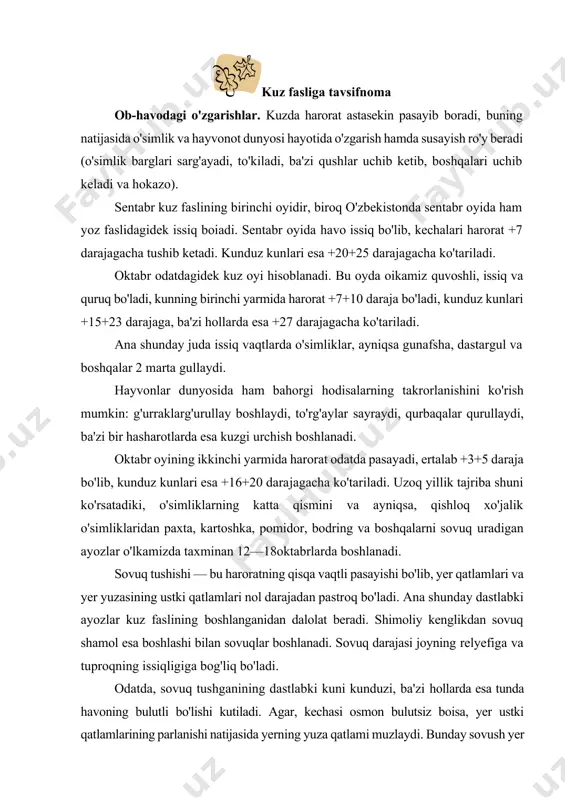 unda havoning bulutli bo'lishi kutiladi. agar, kechasi osmon bulutsiz boisa, yer ustki qatlamlarining parlanishi natijasida yerning yuza qatlami muzlaydi. bunday sovush yer qatlamlariga tegib, havoning haroratini yanada ko'proq pasaytiradi. sovuqning dastlabki to'lqinlari o'zi qoplagan barcha hududni ozgina muzlatadi, u faqatgina past joylarga tarqaladi va birikki kun davom etadi. agar havo to'lqinining harorati nol darajadan past bo'lsagina muzlash barcha hududga yoyilishi mumkin. shunda tuproq va o'simliklaming ustki qatlamlariga ertalabki shudring tushadi. ba'zi vaqtlarda oktabr oyida kuchli va sovuq shamollar aralash yomg'irlar ham yog'ib o'tadi. bunday paytlarda tarbiyachi bolalarning diqqat e'tiborini daraxtlarning katta shoxlari va ingichka novdalarning tebranishiga jalb etadi. noyabr qishga o'tish oyi hisoblanadi. odatda noyabr oyida o'lkamizda obhavo qulay bo'lmaydi: goh yomg'ir, goh qor yog'adi, kun goho iliq, goho sovuq bo'lib turadi. o'simliklar hayotidagi o'zgarishlar. o'zbekistonda, asosan, paxta yetishtiriladi. bu vaqtda g'o'za barglari bir tekisda yetila boshlaydi (g'o'za chanoqlari pishib, astasekin ochila boshlaydi va momiqdek oq paxta paydo bo'ladi). bog’larda …