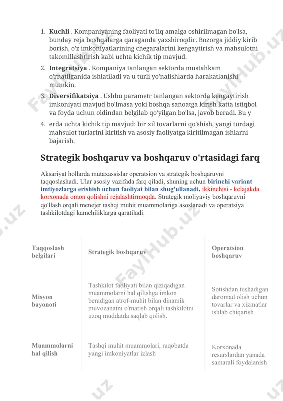 o'rnatish orqali tashkilotni uzoq muddatda saqlab qolish. sotishdan tushadigan daromad olish uchun tovarlar va xizmatlar ishlab chiqarish muammolarni hal qilish tashqi muhit muammolari, raqobatda yangi imkoniyatlar izlash korxonada resurslardan yanada samarali foydalanish bilan bog'liq muammolar yo'nalish uzoq muddatda qisqa va o'rta muddatda boshqaruv tizimini yaratishning asosiy omillari odamlar, axborot tizimi va bozor tashkiliy tuzilmalar, texnika va texnologiyalar samaradorlik bozor ulushi, savdo barqarorligi, rentabellik dinamikasi, raqobatbardosh ustunliklar, o'zgarishlarga moslashish qor, hozirgi moliyaviy ko'rsatkichlar, ichki ratsionallik va ish iqtisodi strategik boshqaruvning maqsadi nima? o'tkazilgan tadqiqotlarga ko'ra, o'z ishlarida rejalashtirishni ishlatadigan firmalar muvaffaqiyatli va foydali hisoblanadi. ishingizdagi muayyan maqsadlar mavjud bo'lmasdan raqobatli kurashda omon qoladigan biznesni topa olmaysiz. strategik boshqaruvning asosiy vazifalari mavjud: ular muvaffaqiyatga erishish uchun kerak: 1. faoliyatni tanlash va biznesni rivojlantirish yo'nalishlarini shakllantirish. 2. muayyan sohada umumiy g'oyalarni qo'llash; 3. yaxshi natija olish uchun rejaning to'g'ri yo'nalishi. 4. tanlangan yo'nalishni muvaffaqiyatli amalga oshirish. 5. natijalarni baholash, bozor holatini tahlil qilish …
