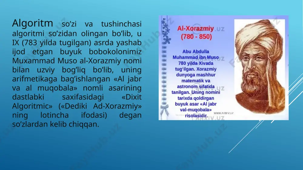 bir algoritm chekli sondagi kadamlardan keyin, albatta, natija berishi shart. bajariladigan amallar ko‘p bulsa xam, baribir natijaga olib kelishi kerak. chekli qadamdan keyin qo’yilgan masala yechimga ega emasligini aniqlash xam natija hisoblanadi. agar ko’rilayotgan jarayon cheksiz davom etib, natija bermasa, uni algoritm deb ayta olmaymiz 5. ommaviylik. masalani yechish algoritmi umumiy xollar uchun yaratiladi, ya’ni fakatgina boshlangich qiymatlari bilan farqlanuvchi bir turdagi masalalar sinfi uchun tuziladi. bunda boshlangich qiymatlar algoritmning qiymatlar qabul qilishi mumkin bo‘lgan sohadan olinadi. xar bir algoritm mazmuniga ko‘ra bir turdagi masalalarning barchasi uchun xam o‘rinli bo‘lishi kerak. algoritmni tasvirlash usullari. (turlari) amaliyotda algoritmlarni tasvirlashning keng tarqalgan usullari quyidagilar: 1.so’zlar yordamida (ogzaki nutqda ishlatiladigan so’zlar) algoritmning so’z orqali berilishi. bunda ijrochi uchun beriladigan xar bir ko’rsatma so’zlar orqali buyruq mazmunida beriladi; 2. algoritmlarning formulalar yordamida berilishi. algoritmning formulalar bilan berilish usulidan matematika, fizika, kime va boshka anik fanlarni urganishda kuprok foydalaniladi. masalan, uchburchakning yuzini uning asosi va …