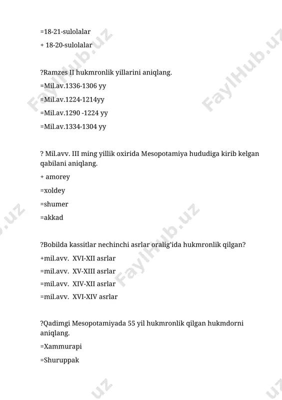 or + nabonid =kiaksar ? mil.av. 539 yilning 12 oktyabrda bobil qaysi davlat tomonidan zabt etilgan? =midiya +fors =urart =mitan ?qachon bobil davlati yo’qotilib satraplik darajasiga tushirilib qo’yilgan? + mil.av. 482 yilda = mil.av. 483 yilda = mil.av. 484 yilda = mil.av. 485 yilda ?qadimgi qaysi davlat gеografik jihatdan ossuriya davlatining shimolida joylashgan? =mitanni =midiya =bobil +urartu ?urartu podshosi menuaning vorisi bo’lgan hukmdorni aniqlang? + argishti ii = argishti i =sardur i =rusa i ?qadimgi urartu podsholigiga qaysi davlat barham bergan? =frigiya =bobil +midiya =finikiya ?qadimgi eribuni shahri – hozirda qanday nomlanadi? +yerevan =karmir =bilur =kirmonshoh ?qadimgi xett podshosi labarne i hukmronlik qilgan yillarni aniqlang. +mil.avv. 1675-1650 yy =mil.avv. 1670-1650 yy =mil.avv. 1675-1645 yy =mil.avv. 1650-1625 yy ?qadimgi hindistondagi qaysi muqaddas kitob xudolarga bag’ishlangan diniy madhiya (gimn)lardan iboratdir? + rigveda = samavеda = yajurvеda = atxarvavеda ?maxabharata-dostoni muallifini aniqlang. =bindusara =artaxashastra =ashoka +vyasa ?”indika” asari muallifini aniqlang. =tatsit +mеgasfеn =prokopiy …